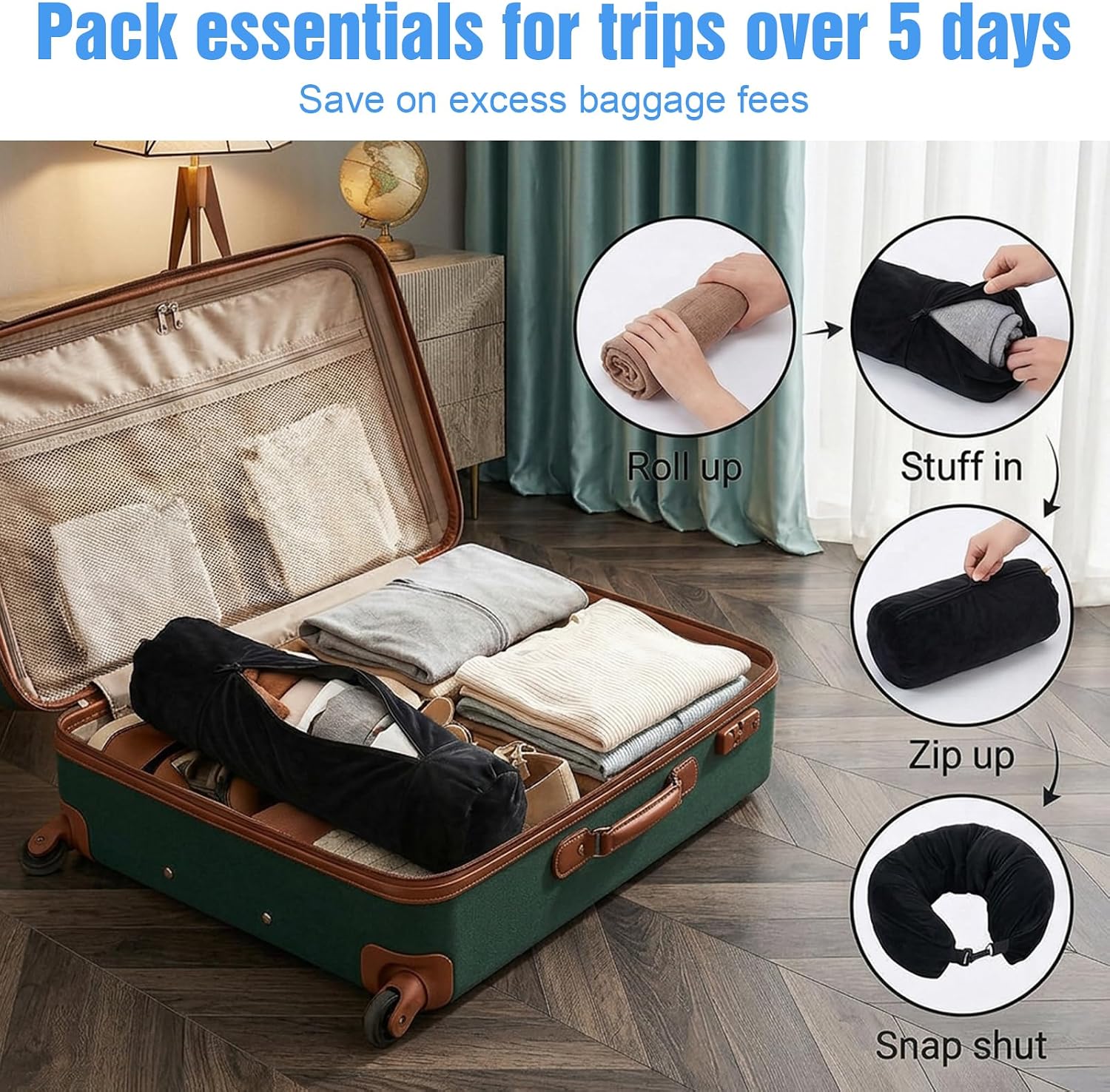 Storage Pillow for Travel Stuffable Neck Fillable Airplane Clothes Soft Plush Long Flight Support No Filler Sleeping Black Adjustable Packable Compressible