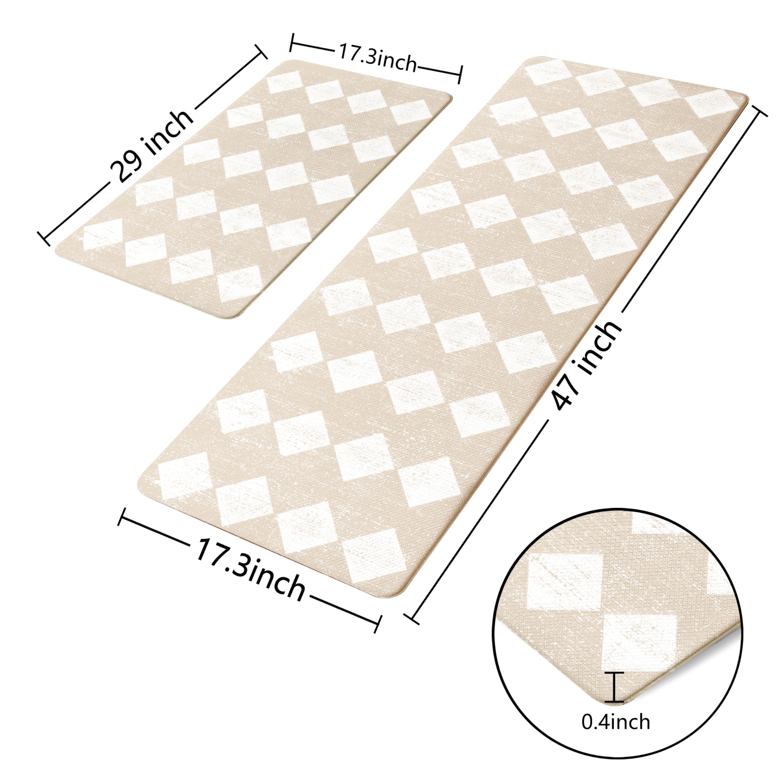 Juego de 2 alfombras de cocina a cuadros de color crema con diseño de enrejado marroquí, antifatiga, impermeables, antideslizantes, resistentes, ergonómicas, cómodas, para suelo, hogar