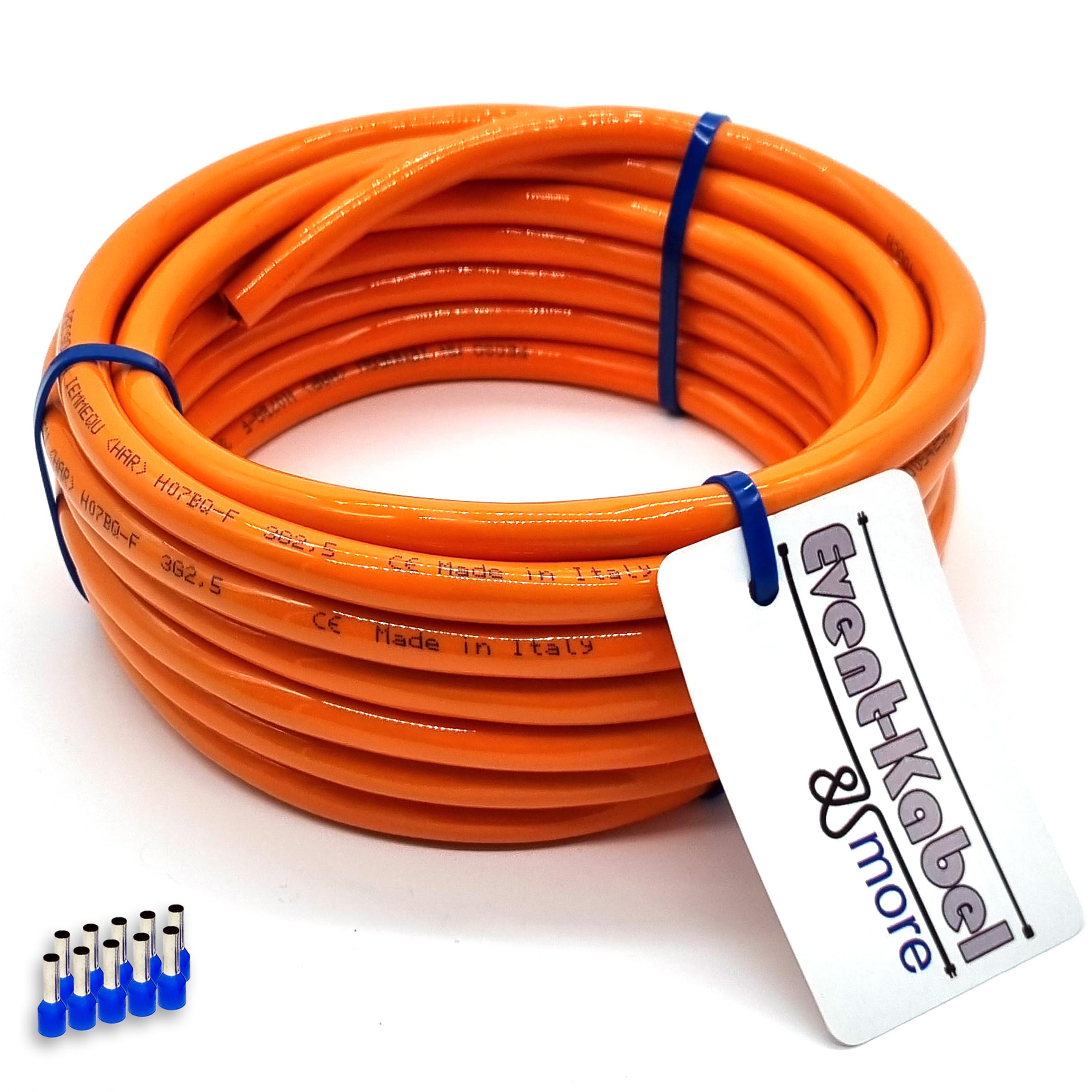 Event-Kabel & more PUR-Leitung orange H07BQ-F 3x2,5mm2 Polyurethanleitung, Baustellenkabel, Industriekabel für den Außenbereich 5-100m inkl. 10x 2,5mm² Aderendhülsen (15 Meter)