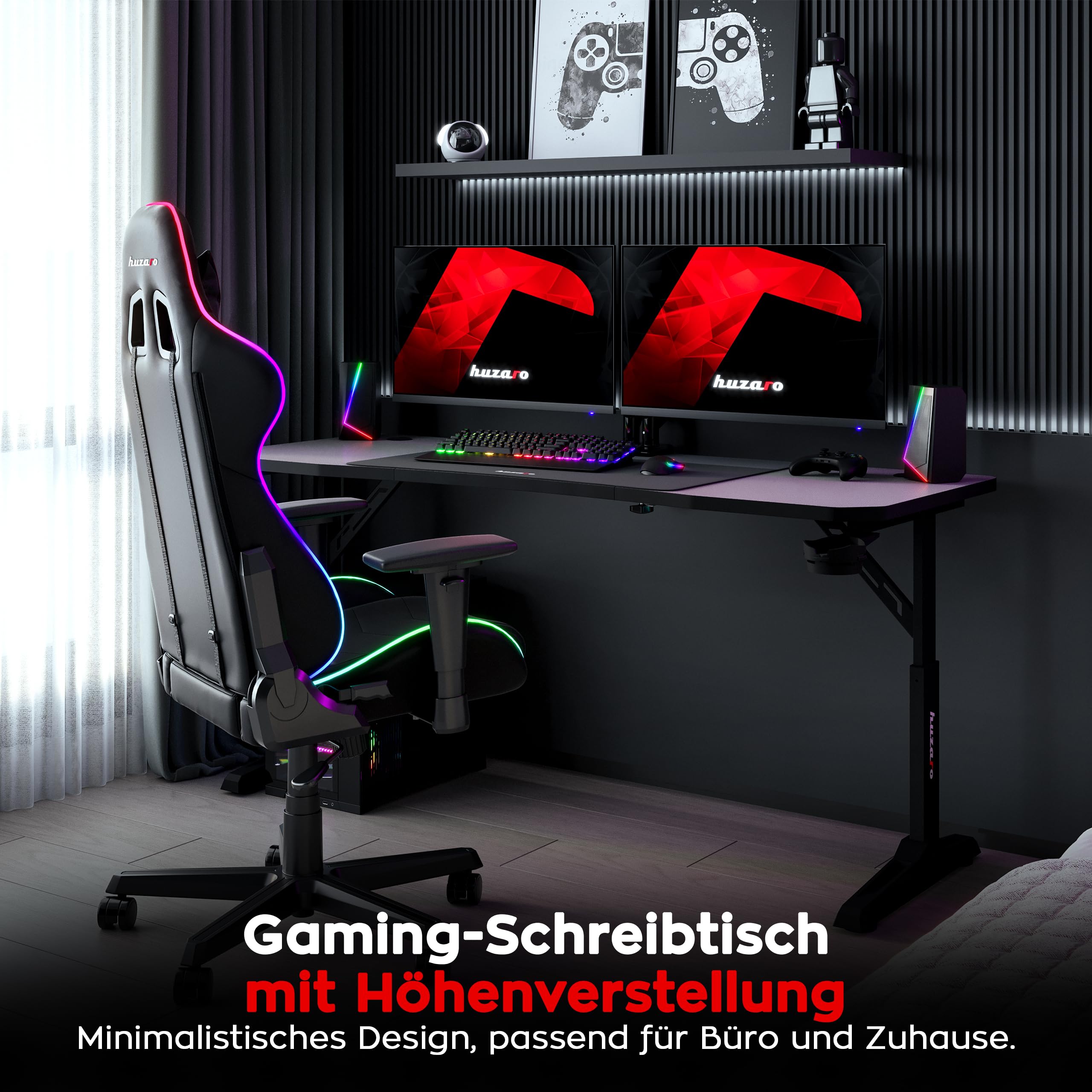 huzaro Hero 4.6 Gaming Tisch höhenverstellbar, Schreibtisch 160x60 cm | mit Carbon Oberfläche, Kabelmanagement, Getränkehalter & Kopfhörerhalter, PC Tisch Büro Home Office, Schwarz