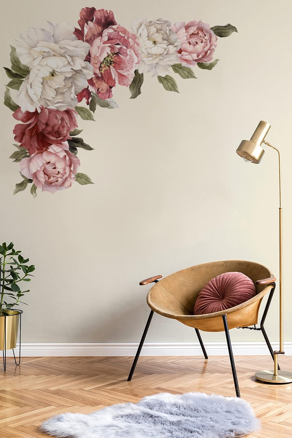 Murwall Red, Pink, and White Peony Wall Decals, Peonies Vintage Bouquet Wall Stickers with Green Leaves