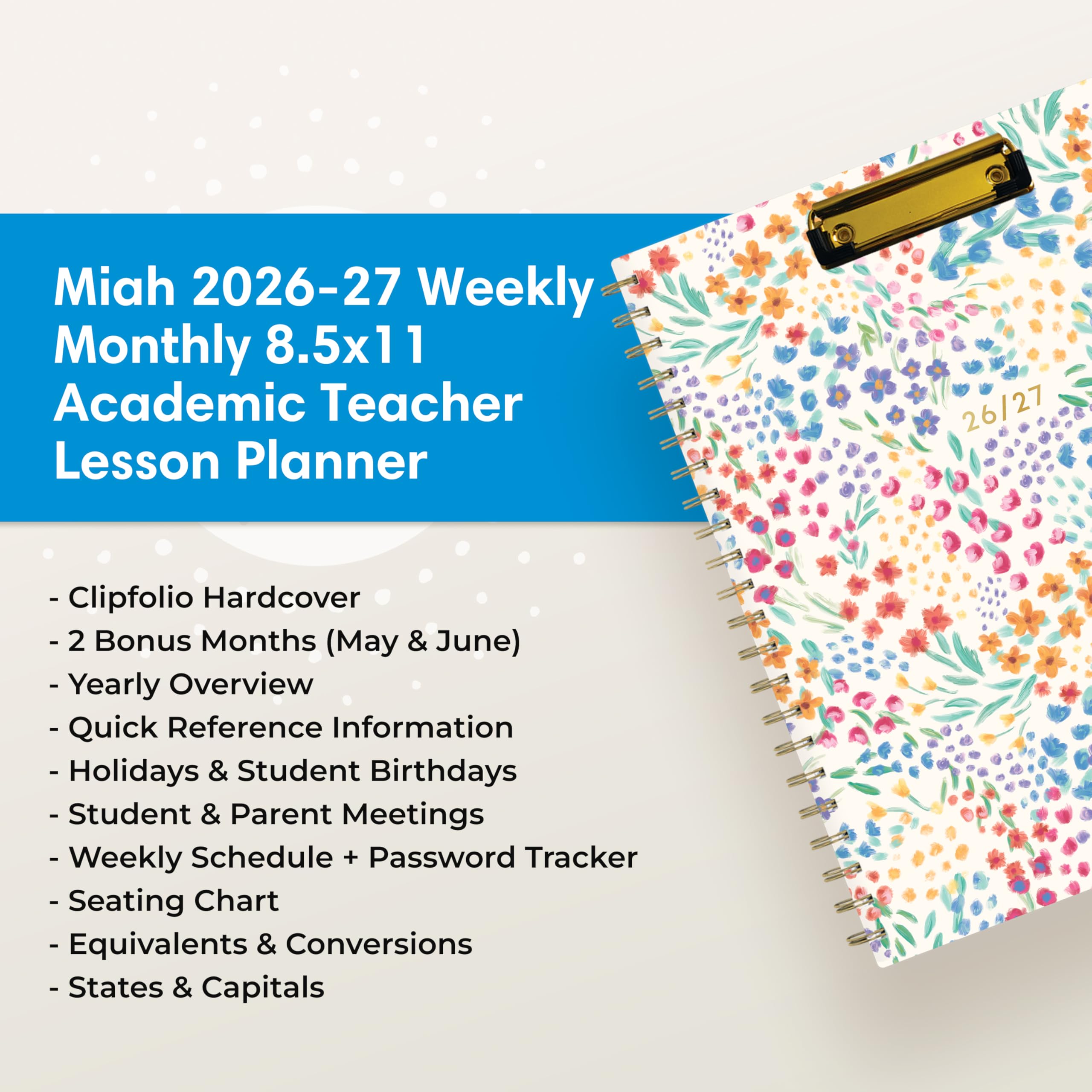 Blue Sky Calendrier hebdomadaire et mensuel 2026-2027 avec presse-papiers, 21,6 x 27,9 cm, couverture rigide
