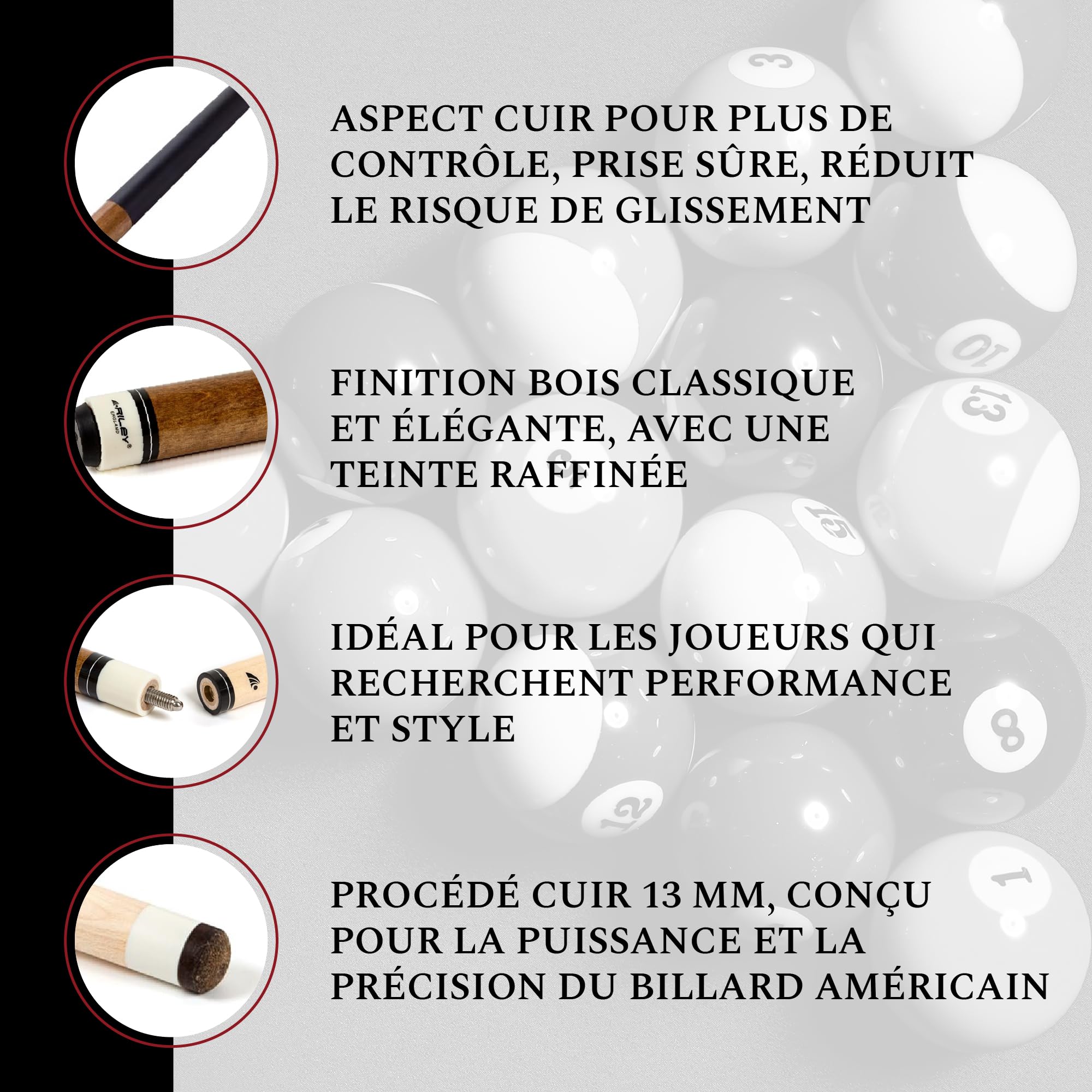 Riley Queue de billard américain avec poignée en cuir synthétique Section 58 (147 cm) – Pointe de 13 mm – Avec étui rigide