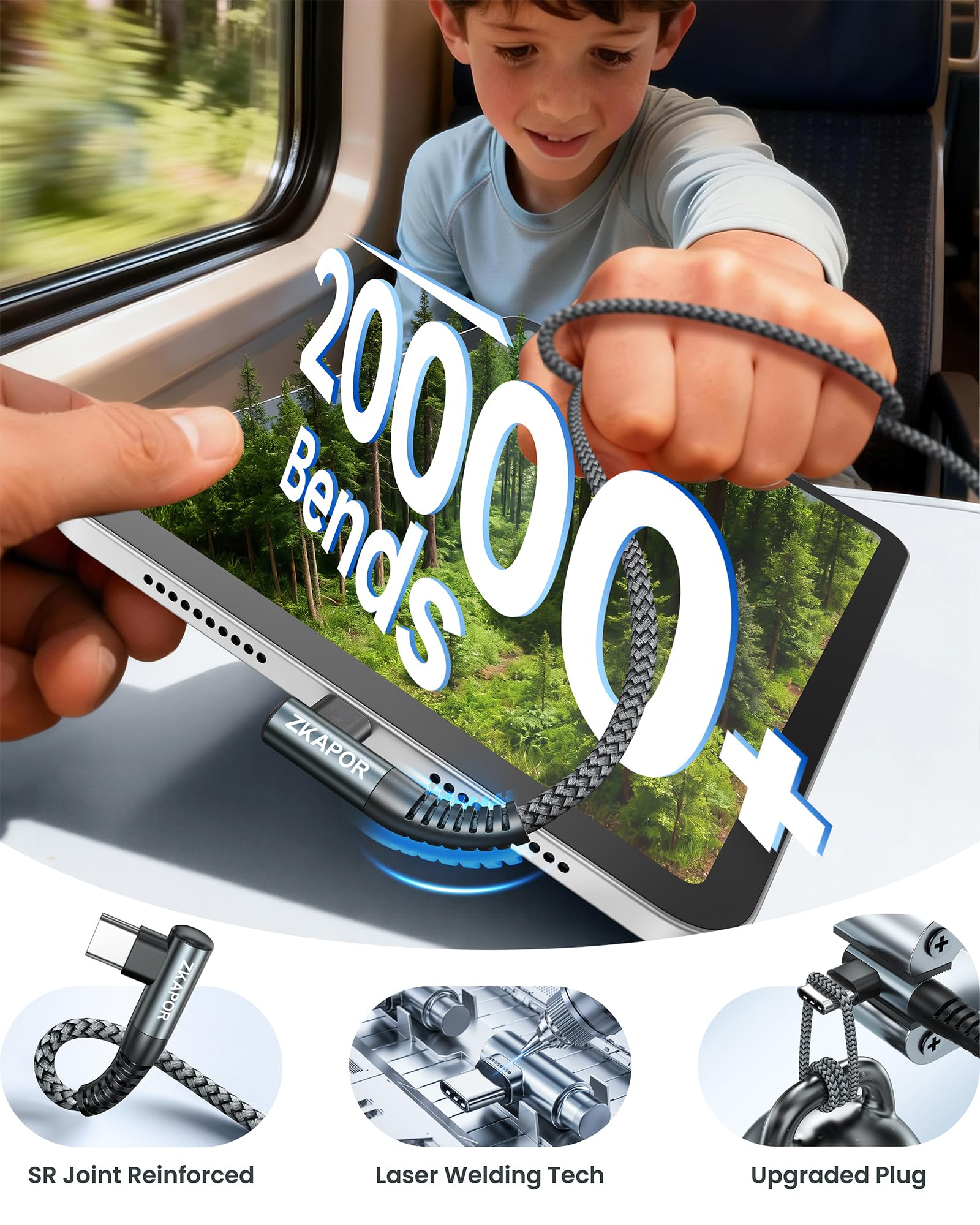 ZKAPOR Cavo USB Tipo C [2Pezzi, 2m], 90 Gradi Cavo USB C di Ricarica Rapida 3.1A Nylon Intrecciato per iPhone 15/15 Pro Max, Samsung Galaxy S23/S22/S21, Note 10, Huawei P40/P30, Google Pixel -Grigio