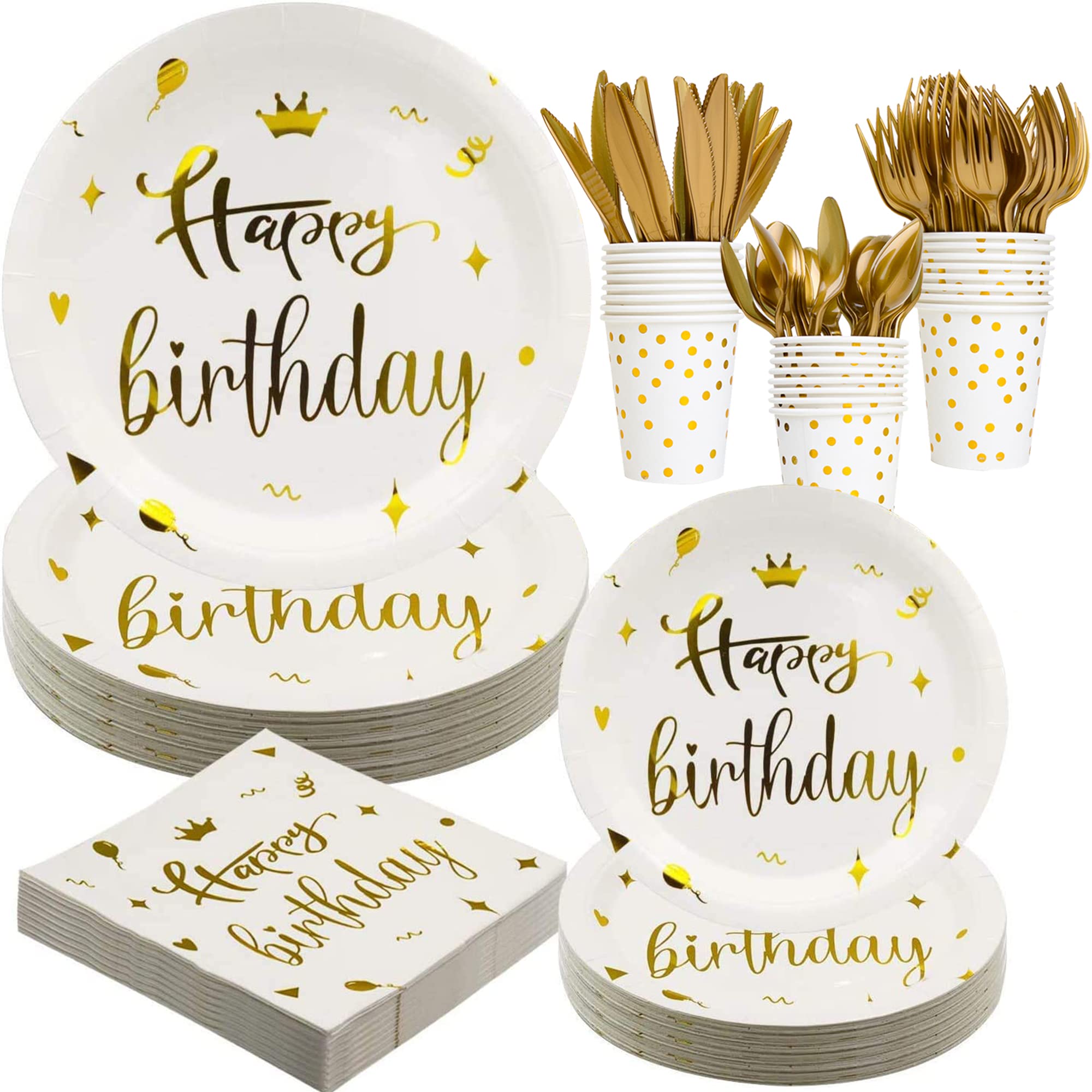 Photo 1 of **NEW/ACTUALLY PINK**  White and Gold Patterned Paper Plates - 175 Piece Disposable Cutlery Set Including Dessert Plates, Dinner Plates, Napkins, Cups, Cutlery, Forks, Spoons - Fits 25 People, Perfect for Birthday Parties. birthday theme