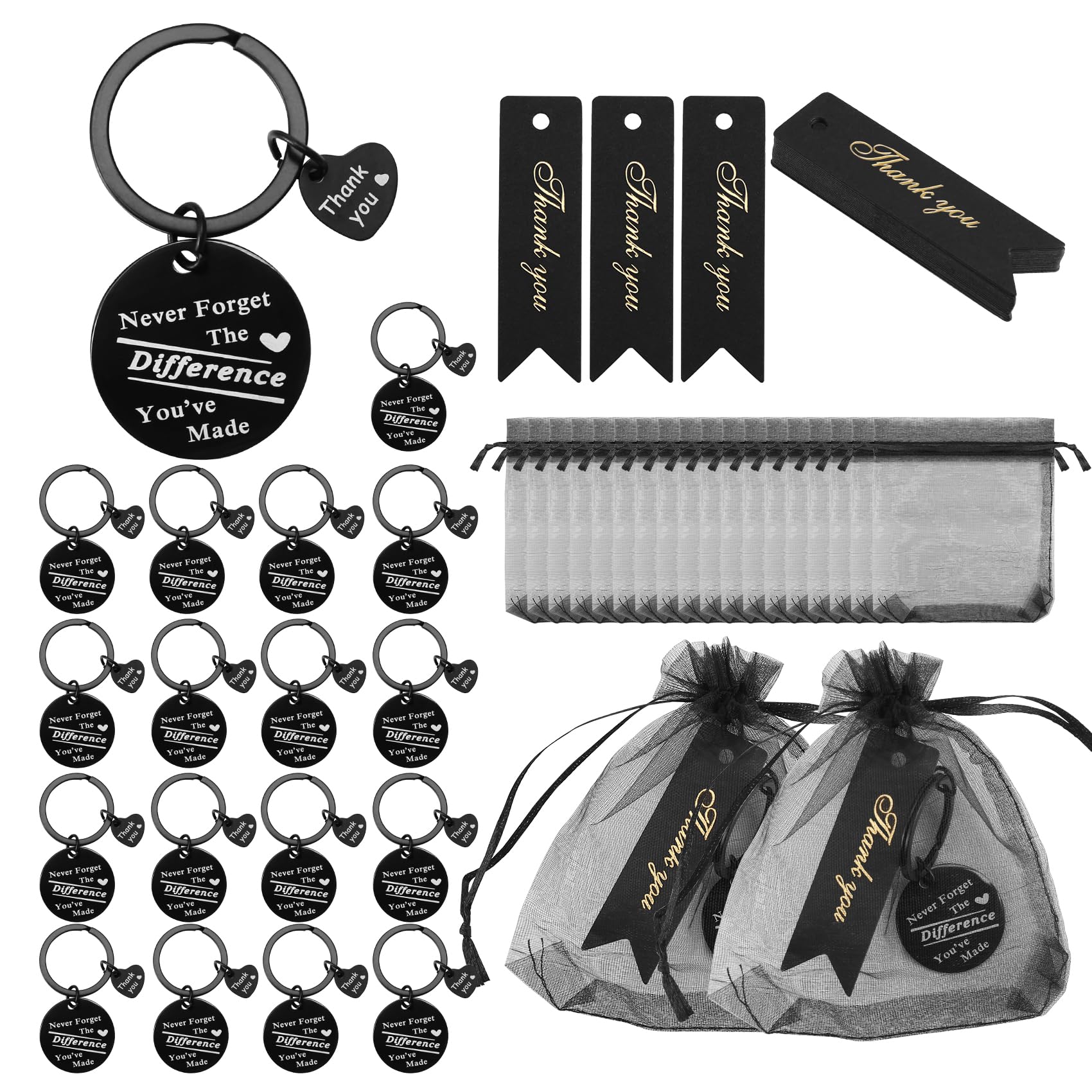 Povxlum 20s Sets Employee Appreciation Gifts Bulk for Coworker Thank You Coworker Keychain Gifts with Organza Bags and Thank You Cards Gift (Black)