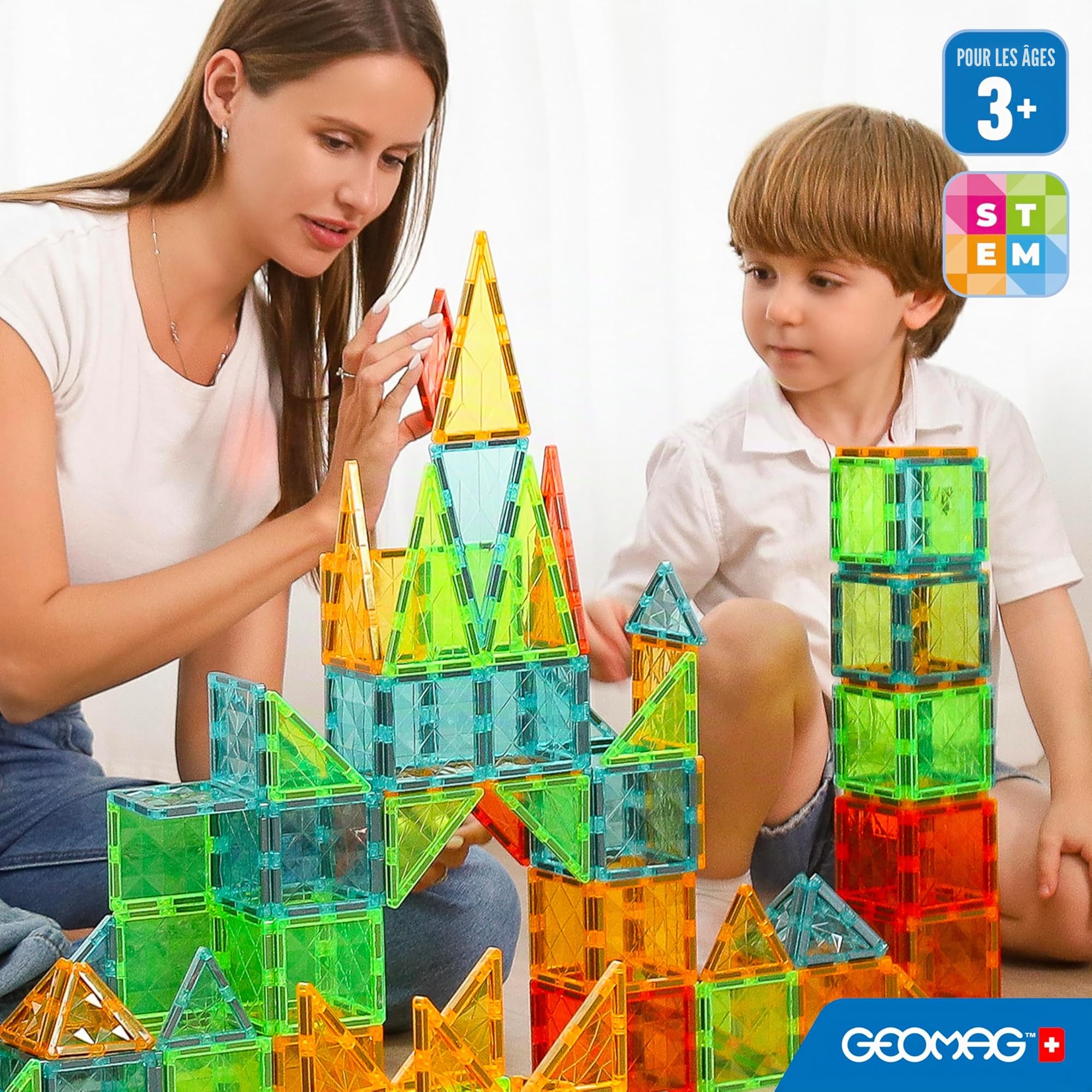 GEOMAG - Magnetic Tiles Gems 100 Pcs, Construction Magnetique Enfant, Tuiles et Bloc de Construction Magnétiques 4 Formes, Jeux Enfant 3 Ans +, Jeux Éducatifs Montessori STEM, Cadeau Noël Anniversaire