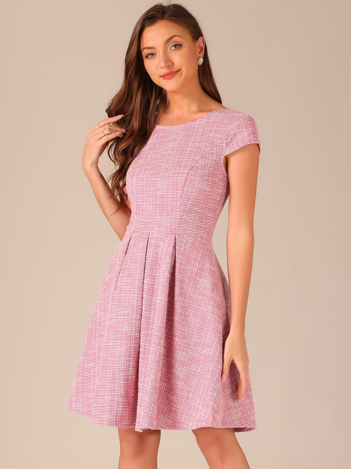 Allegra K Plaid Tweed Dress for Women's 2025 Fall Round Neck Cap Sleeve A-Line Vintage Pleated Dresses - Image 4