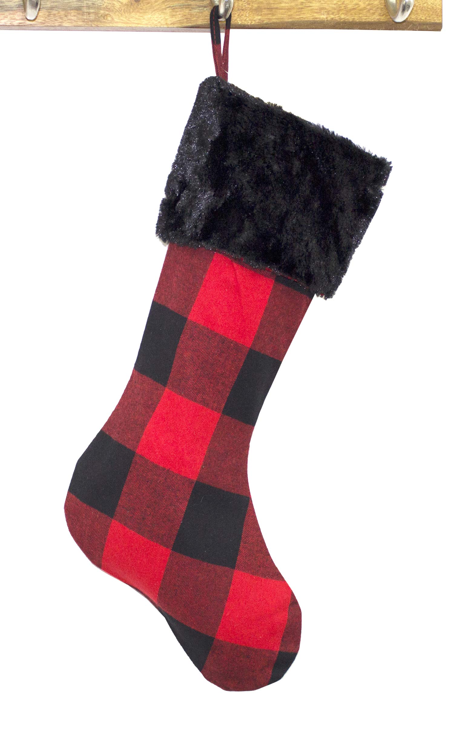 Fennco Styles Red and Black Buffalo Plaid with Black Faux Fur Design Christmas Stocking 13