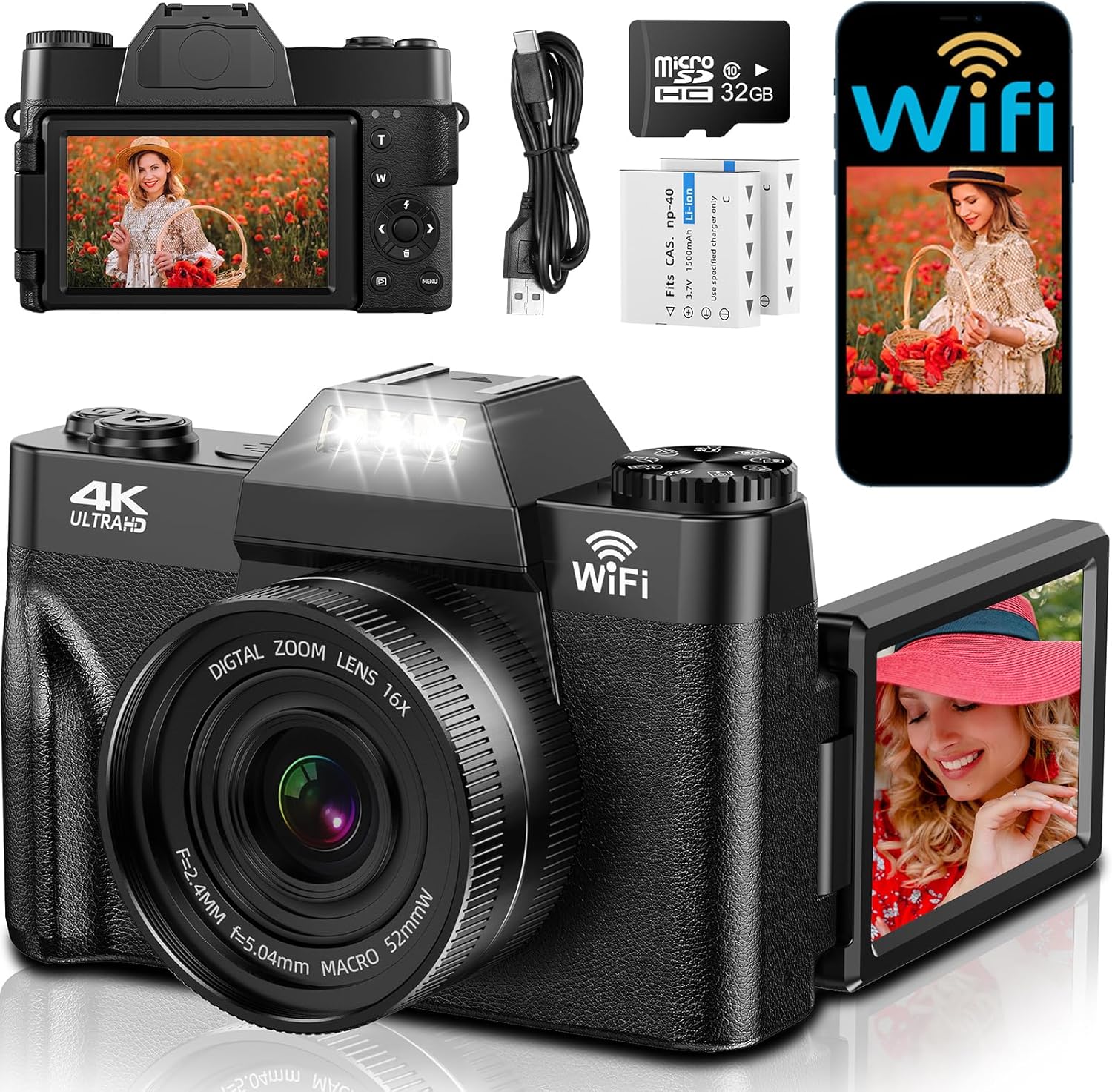 4K Digital Camera with WIFI, 75MP UHD Compact Cameras, 3 Inch 180° Flip Screen 16X Digital Zoom Autofocus Rechargeable Vlogging Camera with 32GB Card & 2 1500mAh Batteries for Beginners Teenagers