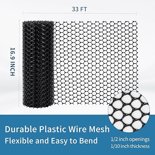 Miniatura 2 de TINMORRY - Valla de malla de alambre de plástico duradero, 16.9 pulgadas x 33 pies, rollo negro, ideal para aves de corral, barrera de animales,