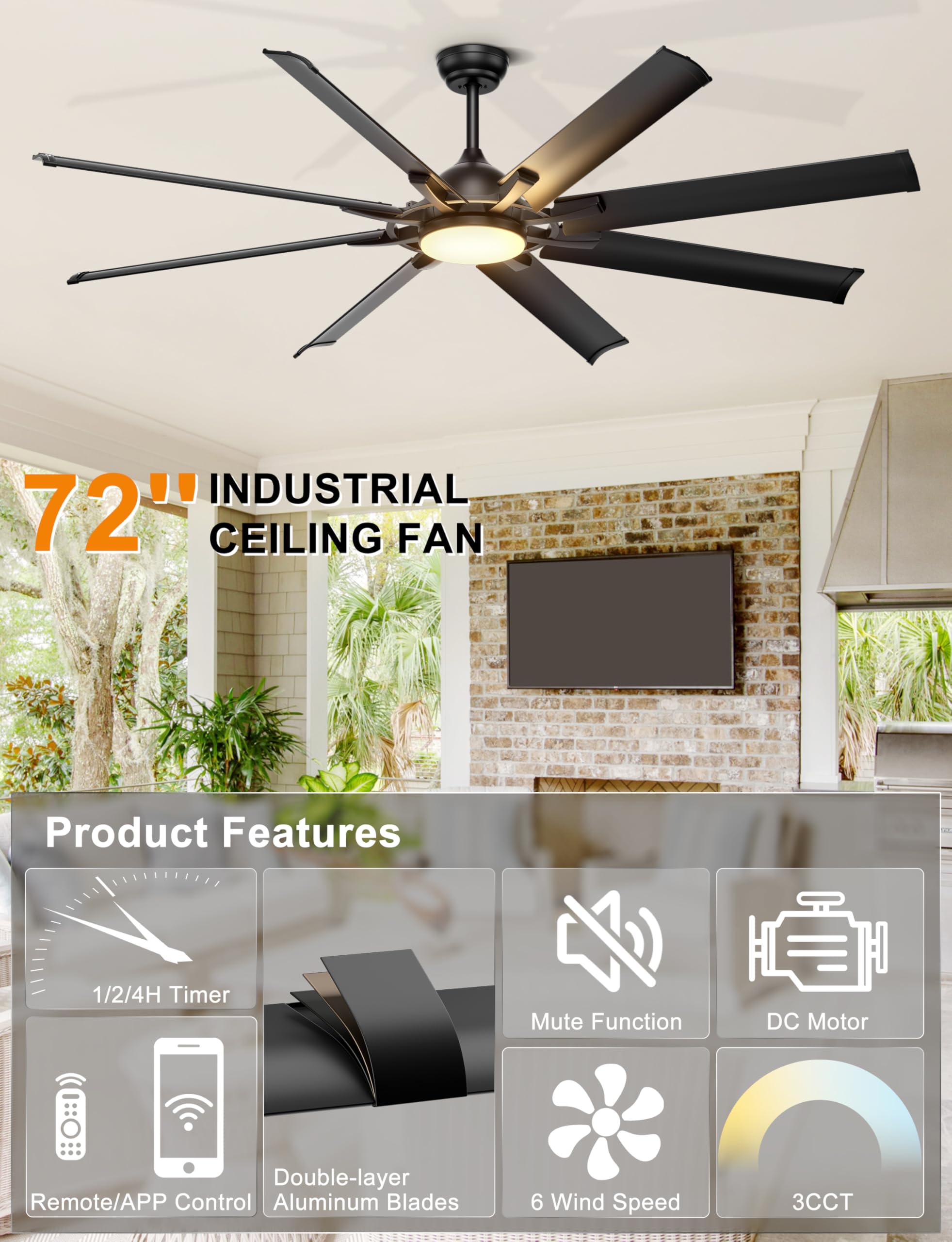 Amazon.co.jp: Ohniyou 72インチ 工業用シーリングファン ライト