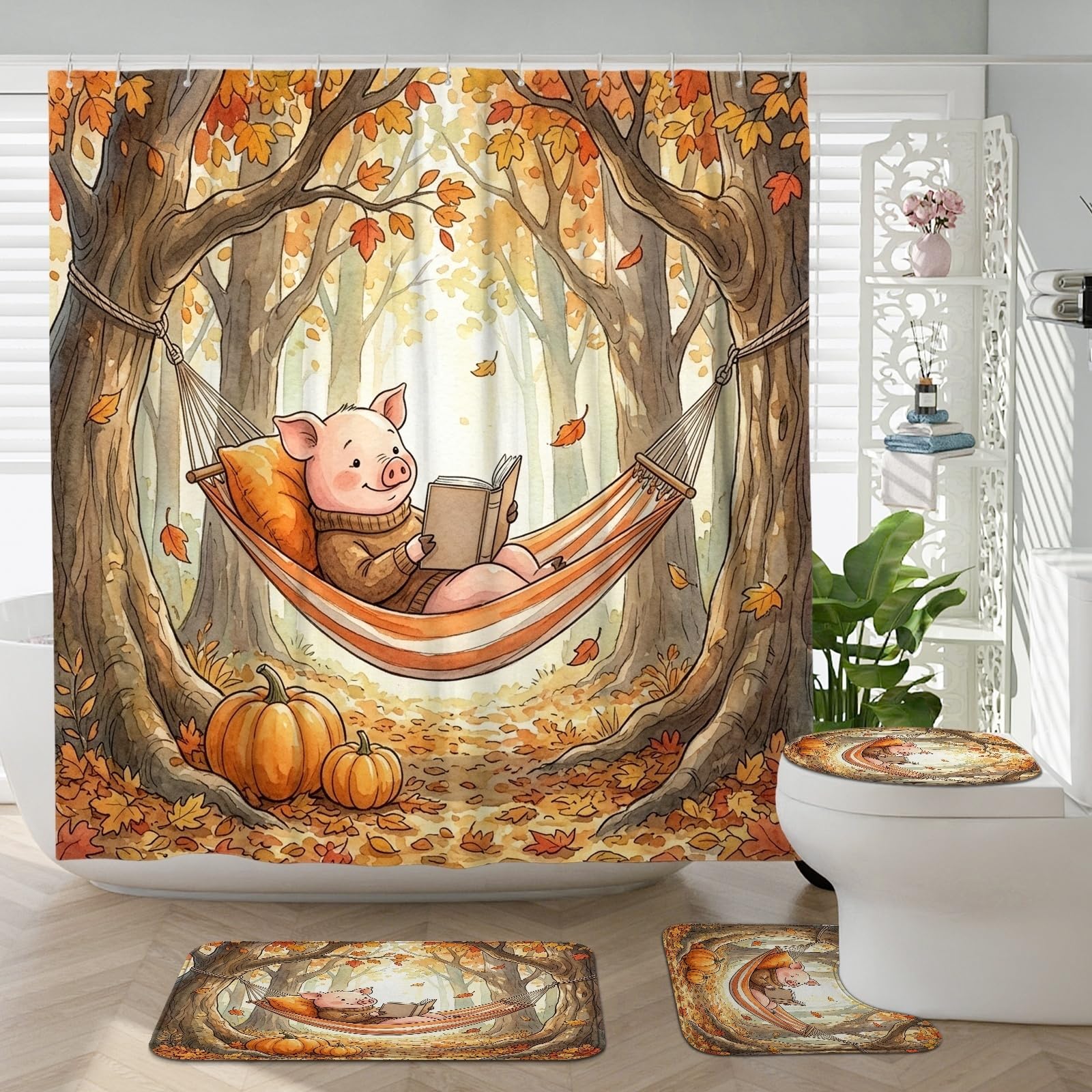 Rideau de douche cochon d'automne avec tapis antidérapant et décoration de bain WC