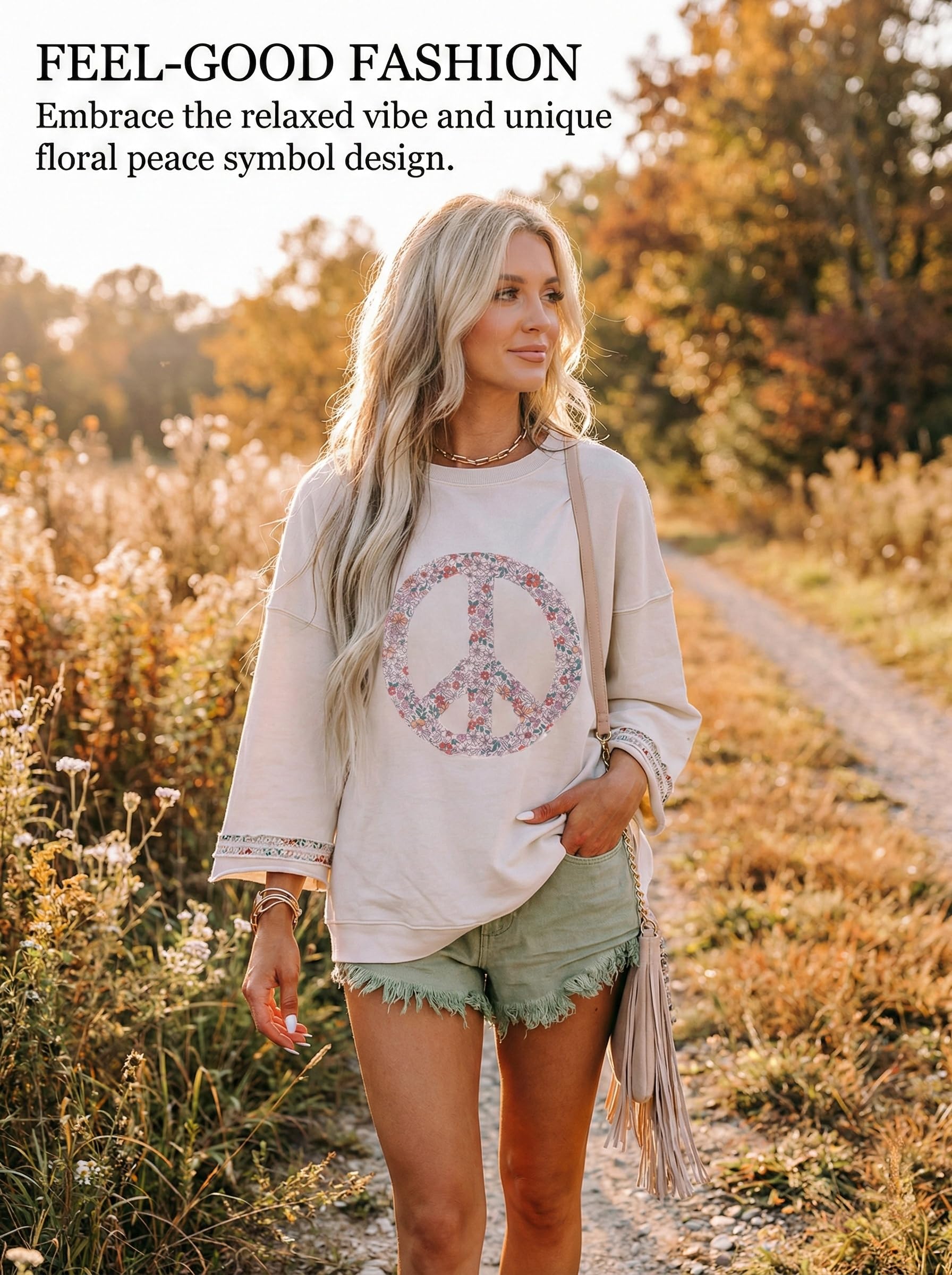 KevaMolly Womens Long Sleeve Tops Floral Peace Symbol Drop Shoulder Sweatshirt Round Neck Casual Pullover