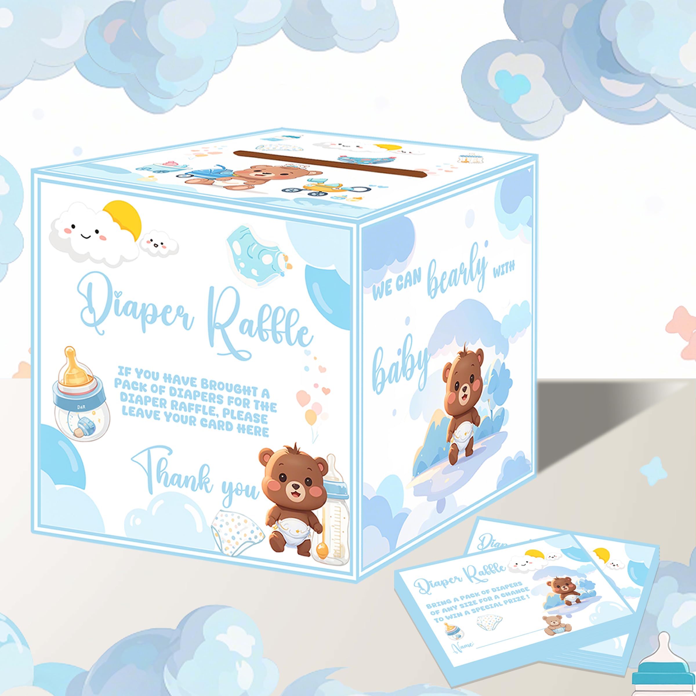 Jaailee Diaper Raffle Box for Baby Shower Game Decorations with 50Pcs Diaper Raffle Tickets Blue Bear Themed Advice and Wishes Diaper Raffle Sign