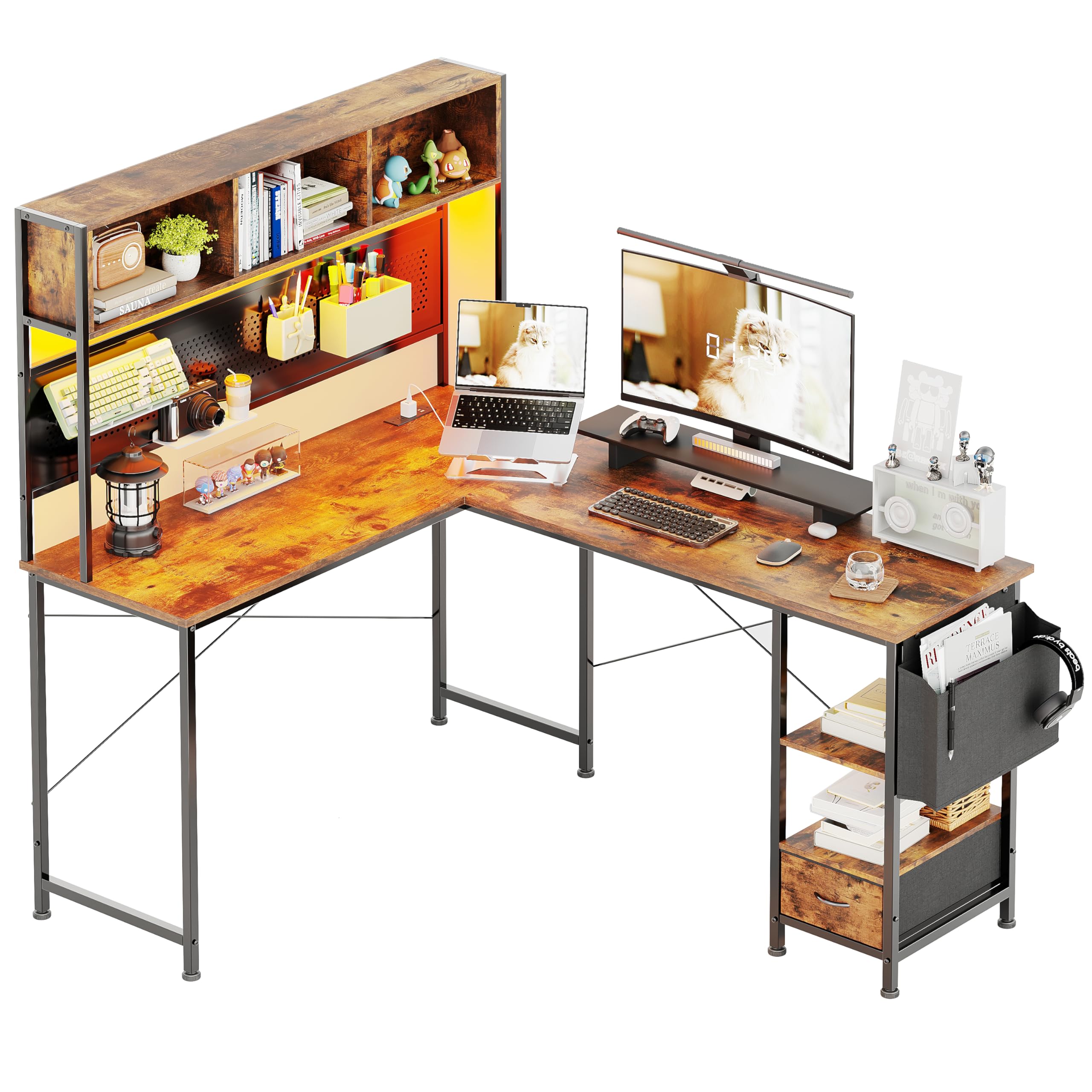 CAIYUN 58" L Shaped Gaming Desk, Corner Computer desk with LED Light & Power Socket, Reversible Gaming Table with Pegboard, L Desk for Home Office, Rustic Brown