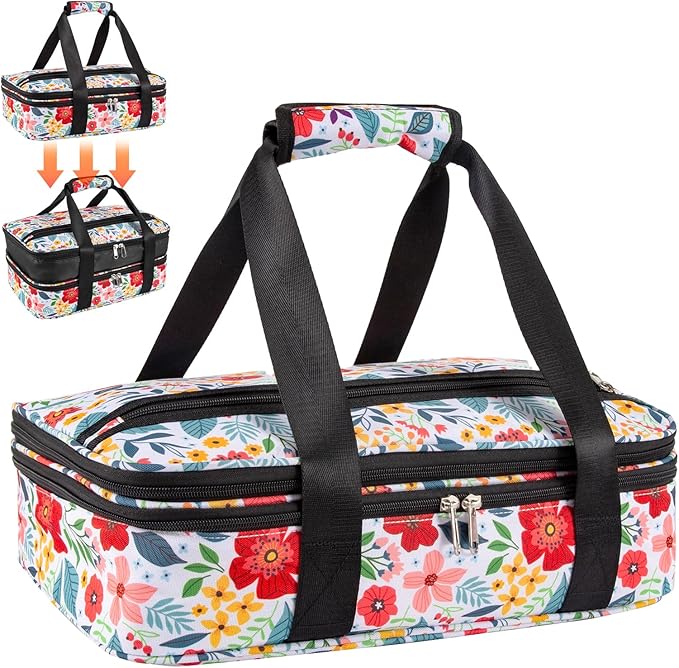 Insulated Casserole Carrier for Hot or Cold Food,Double Decker Food Carrier Expandable Lasagna Holder for Transport Travel Picnic Cookouts Potluck,Pioneer Woman Dish Carrier Fits 9" x 13" Baking Dish