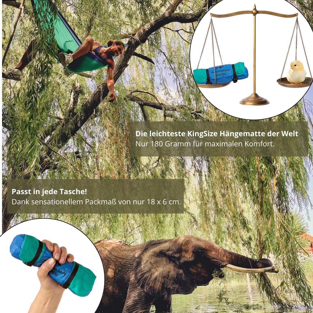 AMAZONAS Hammock Hammock Hammak Ultra Light Ice Blue Hamac King Size Le Plus léger au Monde 180 g 275 x 140 cm Dimensions plié 18 x 6 cm jusqu'à 150 kg