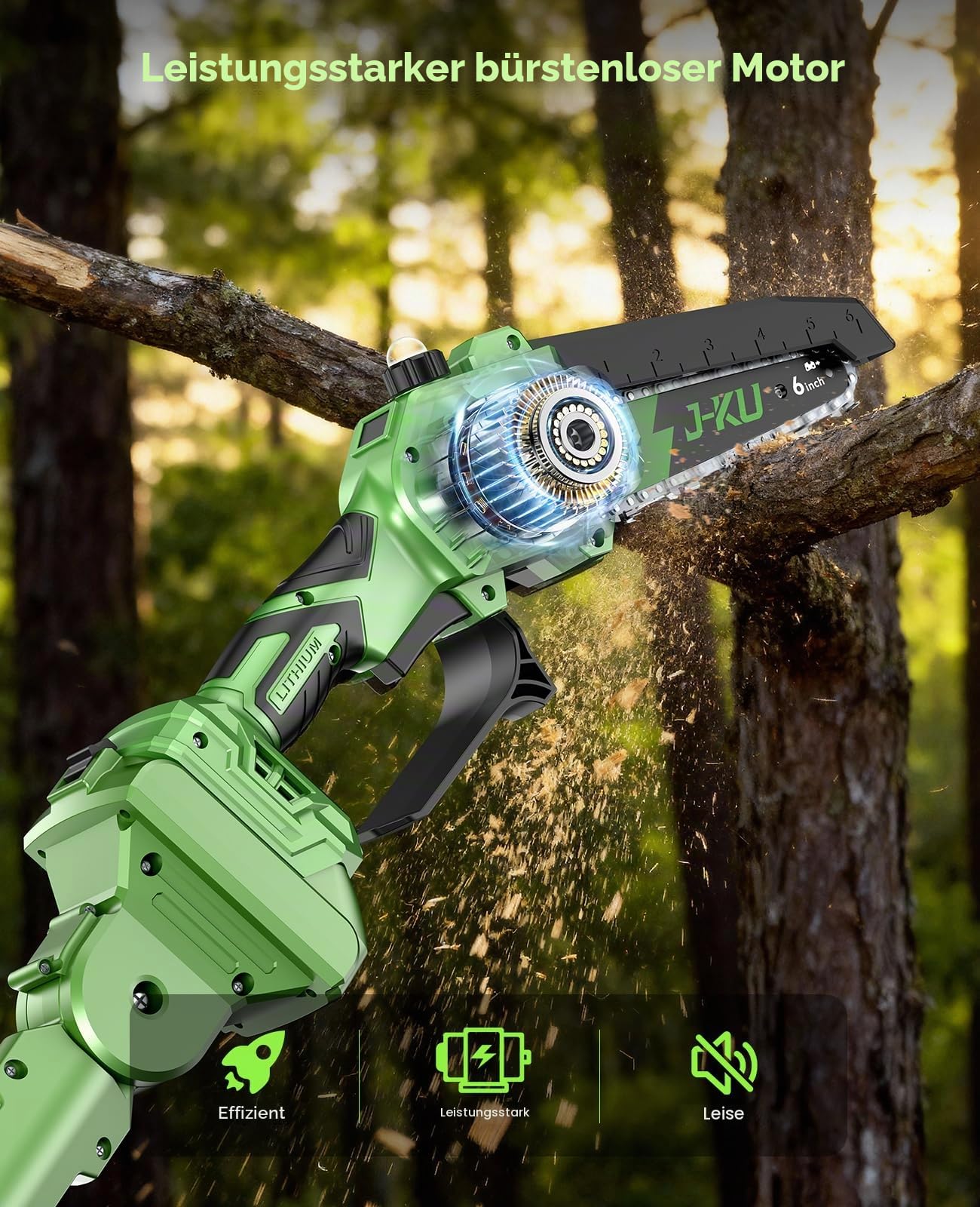 J-KU 2-in-1 Akku Teleskop Hochentaster, 6 Zoll Mini Kettensäge mit 2×4.0Ah Akkus & Ladegerät, Bürstenloser Motor, bis 4,8m Arbeitshöhe, Akku-Astsäge für Baumpflege und Gartenarbeit