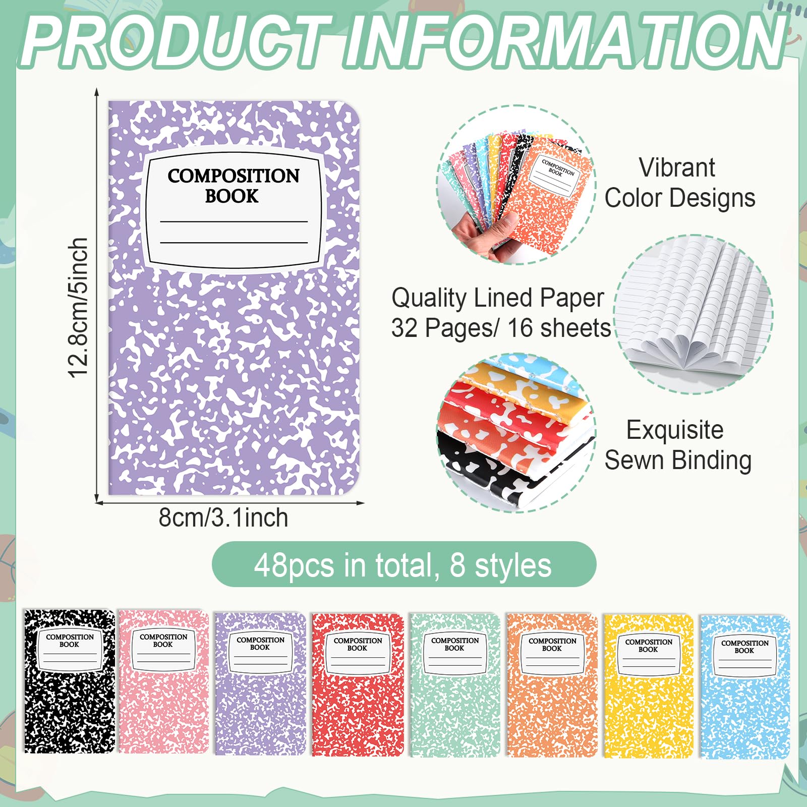 48 Stück Mini-Kompositions-Notizbücher, Großpackung, Schulanfang, Geschenk, bunt, kleines Taschenformat, niedliches Tagebuch, Notizbücher für Studenten, Lehrer, Mitarbeiter, Team, Büro, Uni, 12,7 x