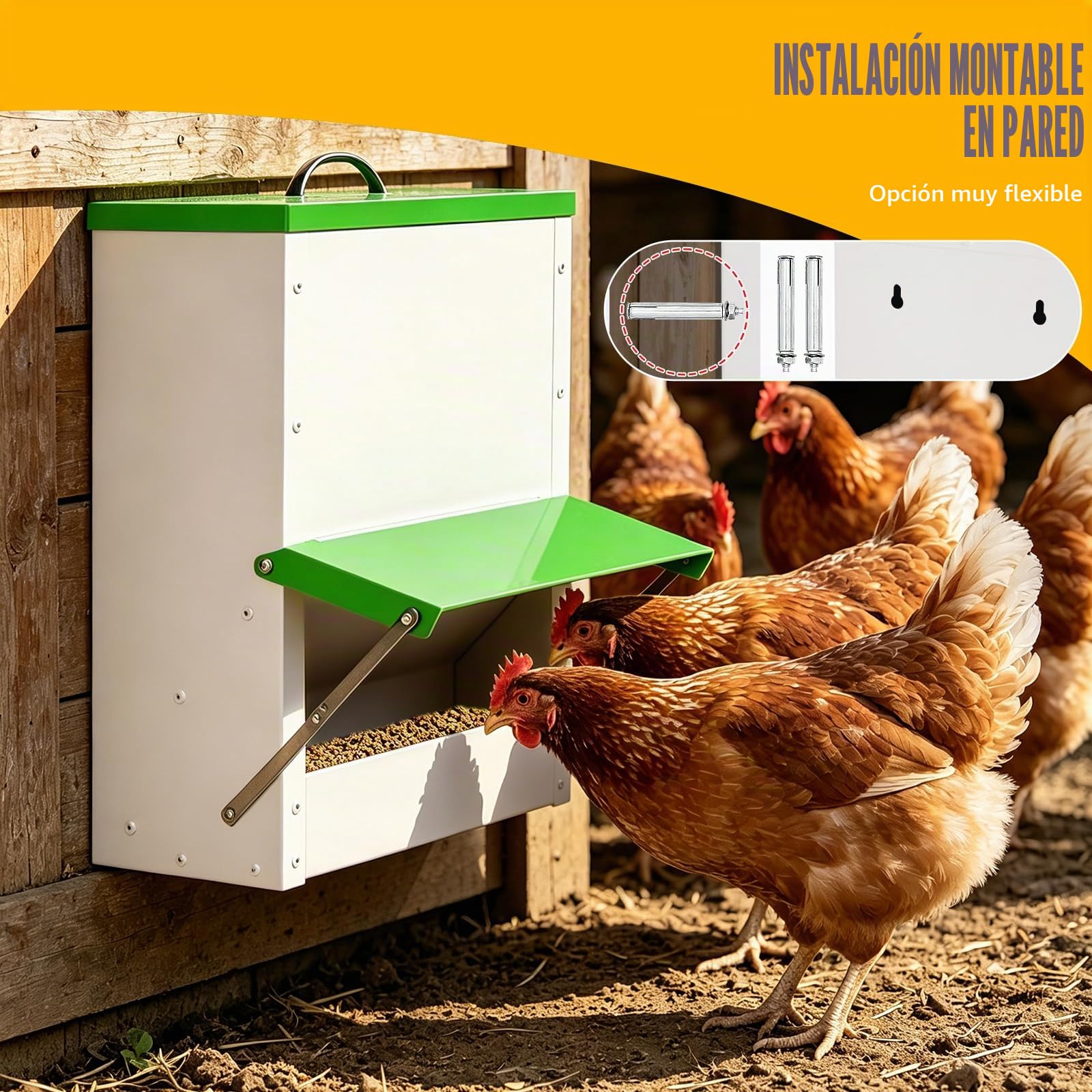 Comedero Automático para Gallinas Anti Ratas, Alimentador Automático De Pollo, Comedero Colgante para Pollos Pato, Metal, Esistente A La Lluvia, Tolva Exterior