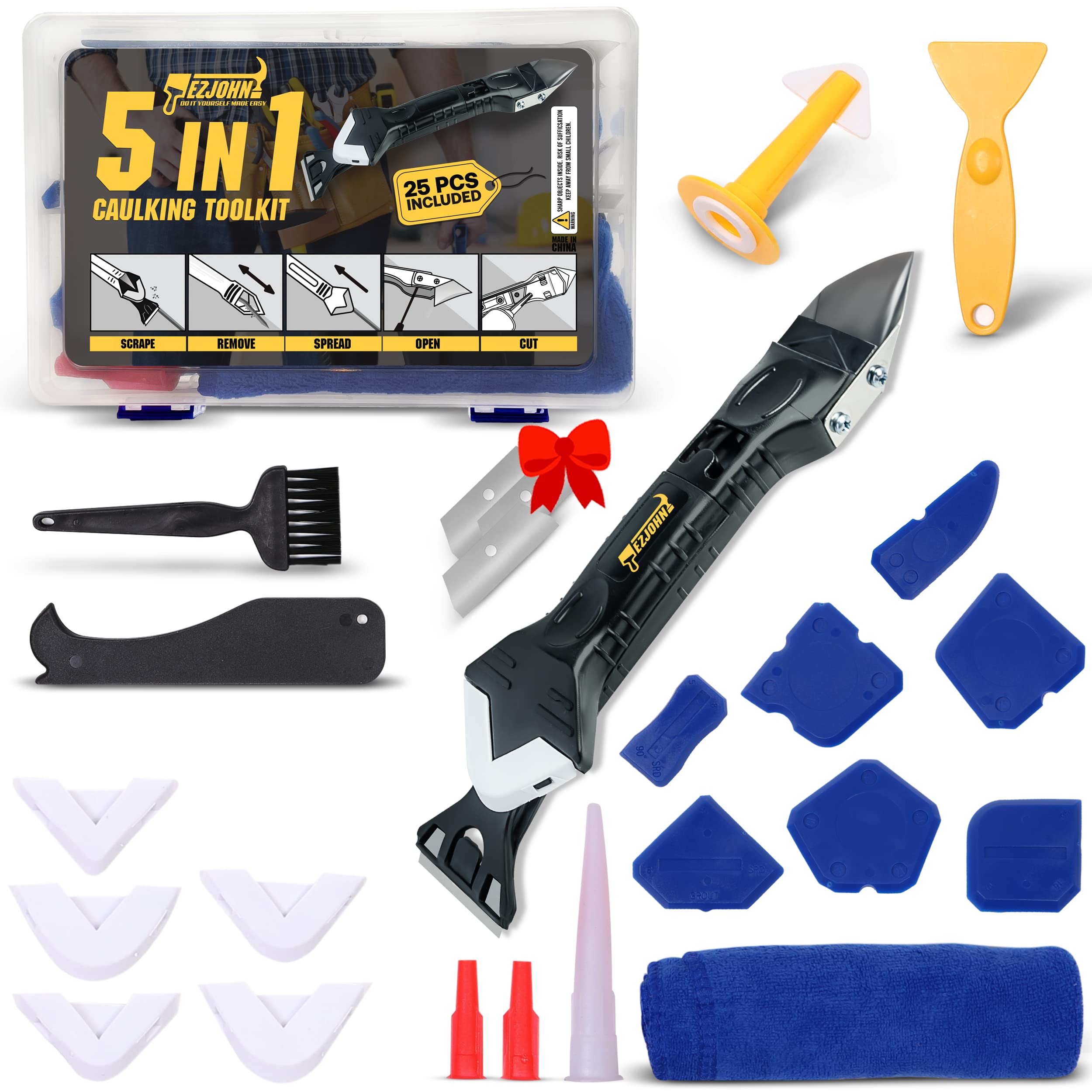 EZJohn Silicone Caulking Tool Kit, 25 pieces Storage box, 5 in 1 tool, Stainless Steelhead, Sealant Finishing Tools, Grout Remove, Sc, Silicone finishing. For Kitchen, Bathroom, Window, Floor