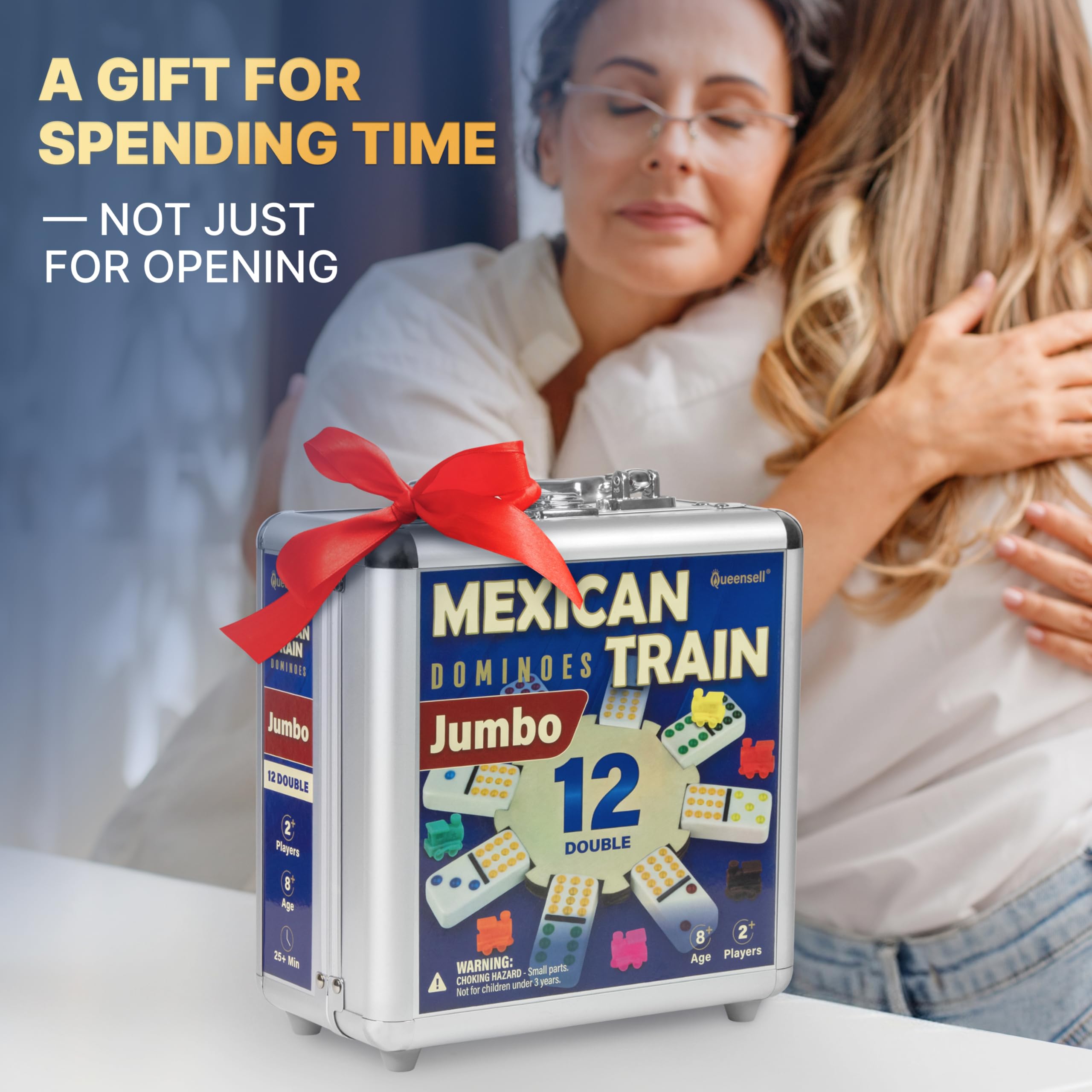 Queensell Mexican Train Dominoes Set Double 12, Jumbo Dominoes Set for Adults 91 Tiles with Colorful Dots, Wooden Hub - Image 3