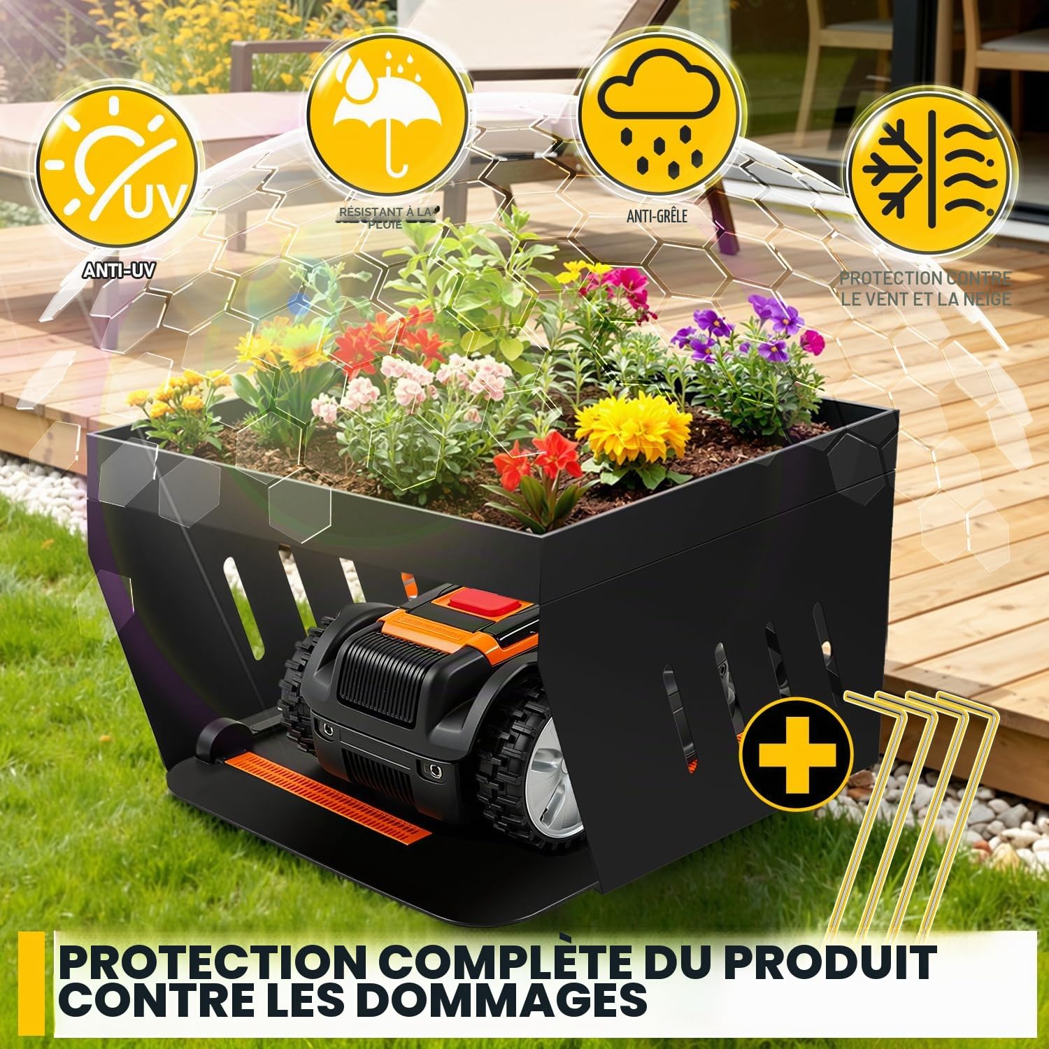 Garage pour robot tondeuse avec bac à plantes, auvent de protection galvanisé pour tondeuse à gazon, robot à gazon, protection UV, idéal contre la pluie et la grêle, 42 x 61 x 70 cm, noir
