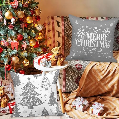 Miniatura 2 de Lanpn Juego de 4 fundas de almohada navideñas de 18 x 18 pulgadas, color blanco y gris, funda de almohada decorativa de 18 pulgadas con diseño de