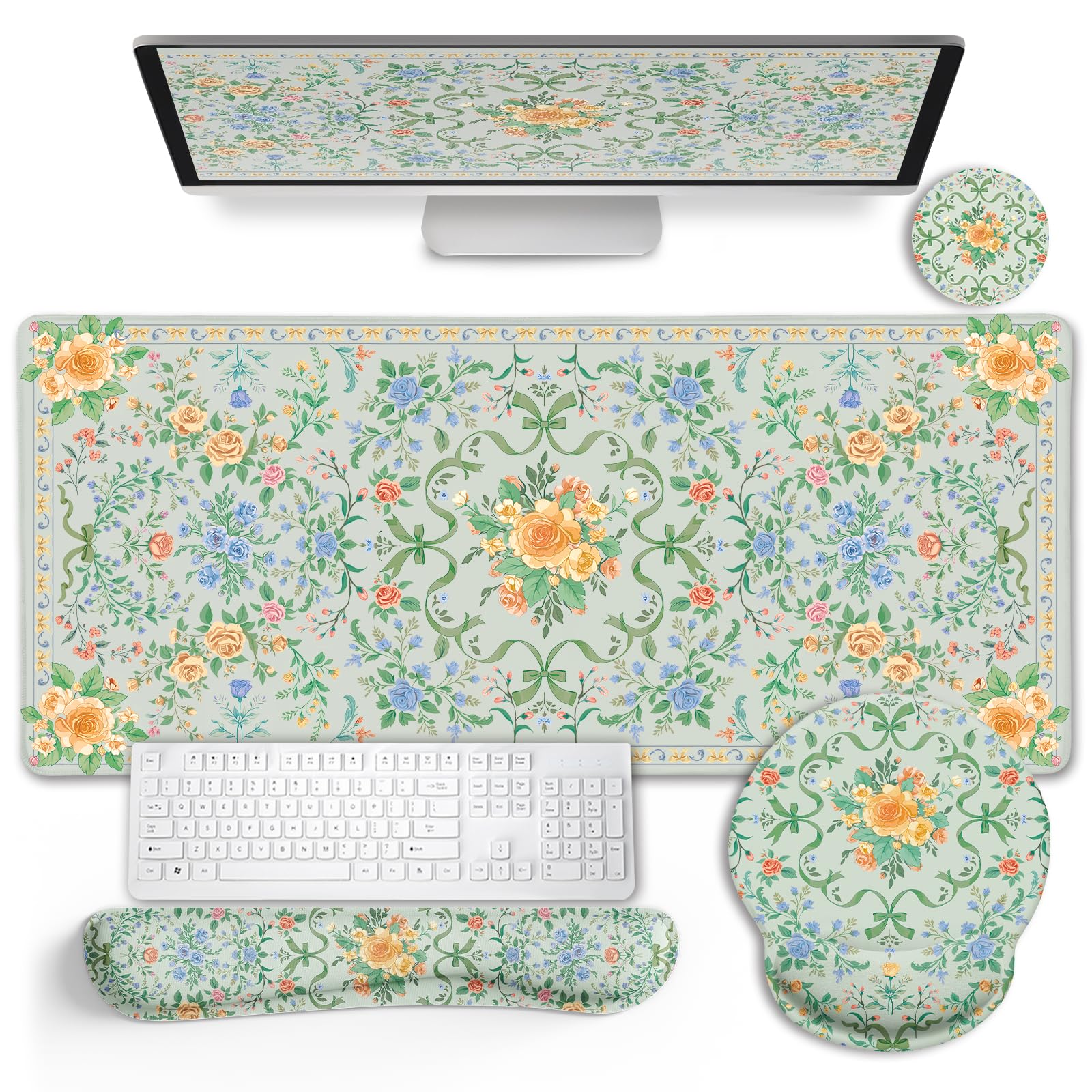 LIMKRIAN Floral Desk Mat Set, Cute Green Mouse Pad with Gel Wrist Rest