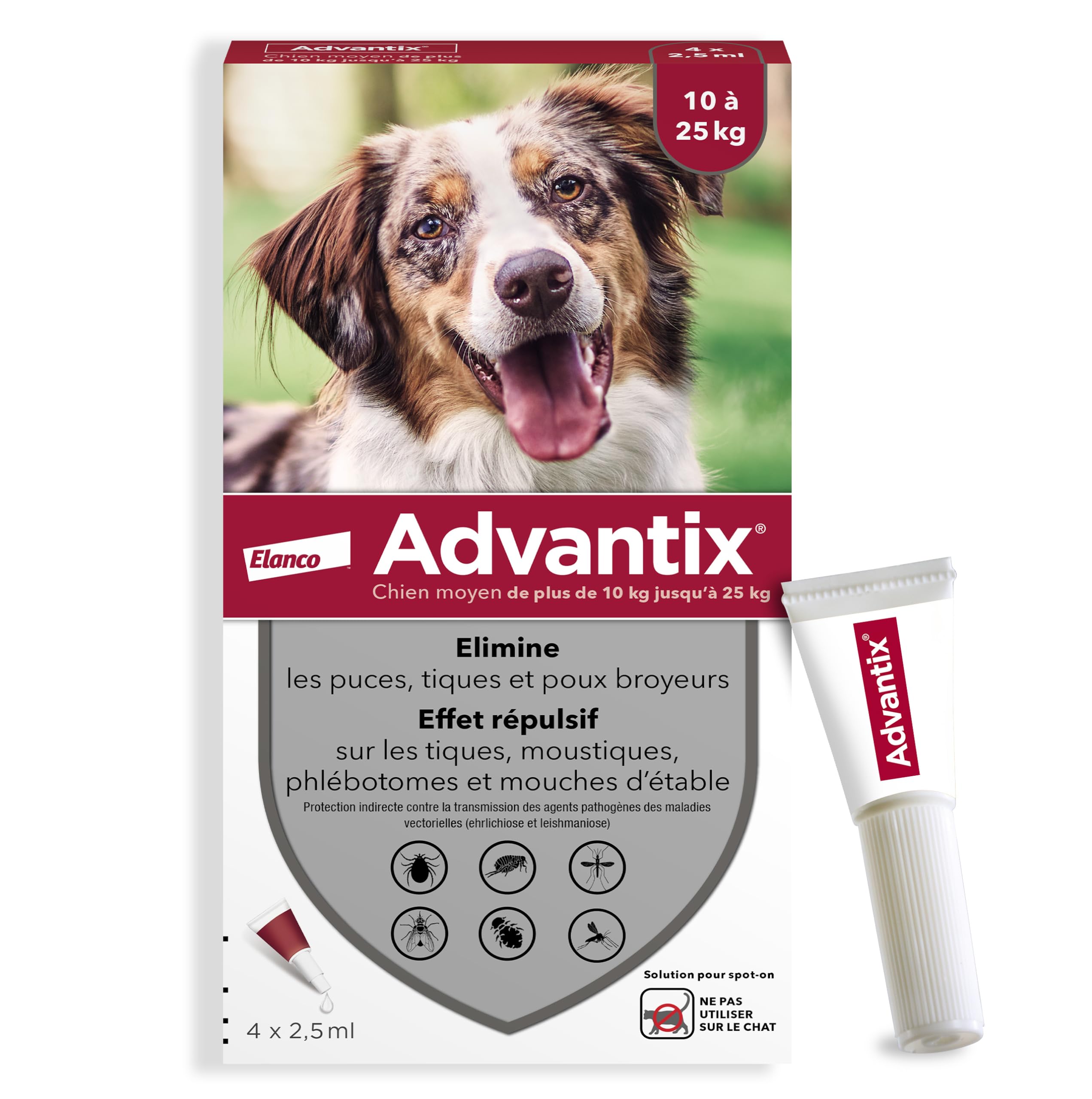 Advantix Chien Moyen entre 10 et 25 kg – Pipettes pour chien contre 6 parasites – Traitement en pipette pour une protection en continu pendant 4 semaines – 4 x 2,5 ml