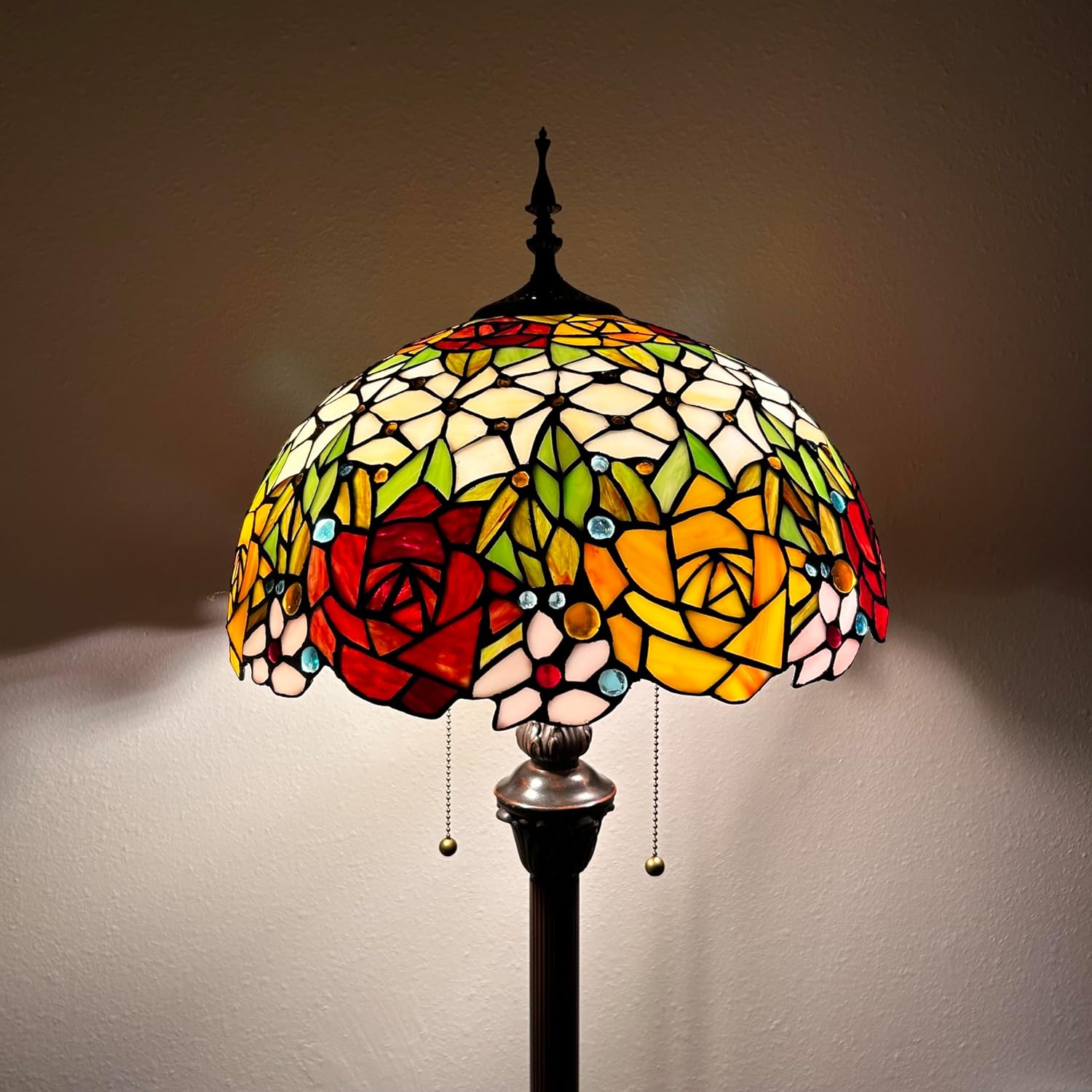Stained Glass Floor Lamp Red Orange Rose Flowers Metal Base LED Bulbs Included for Living Room Bedroom 16" W*16" D*64" H