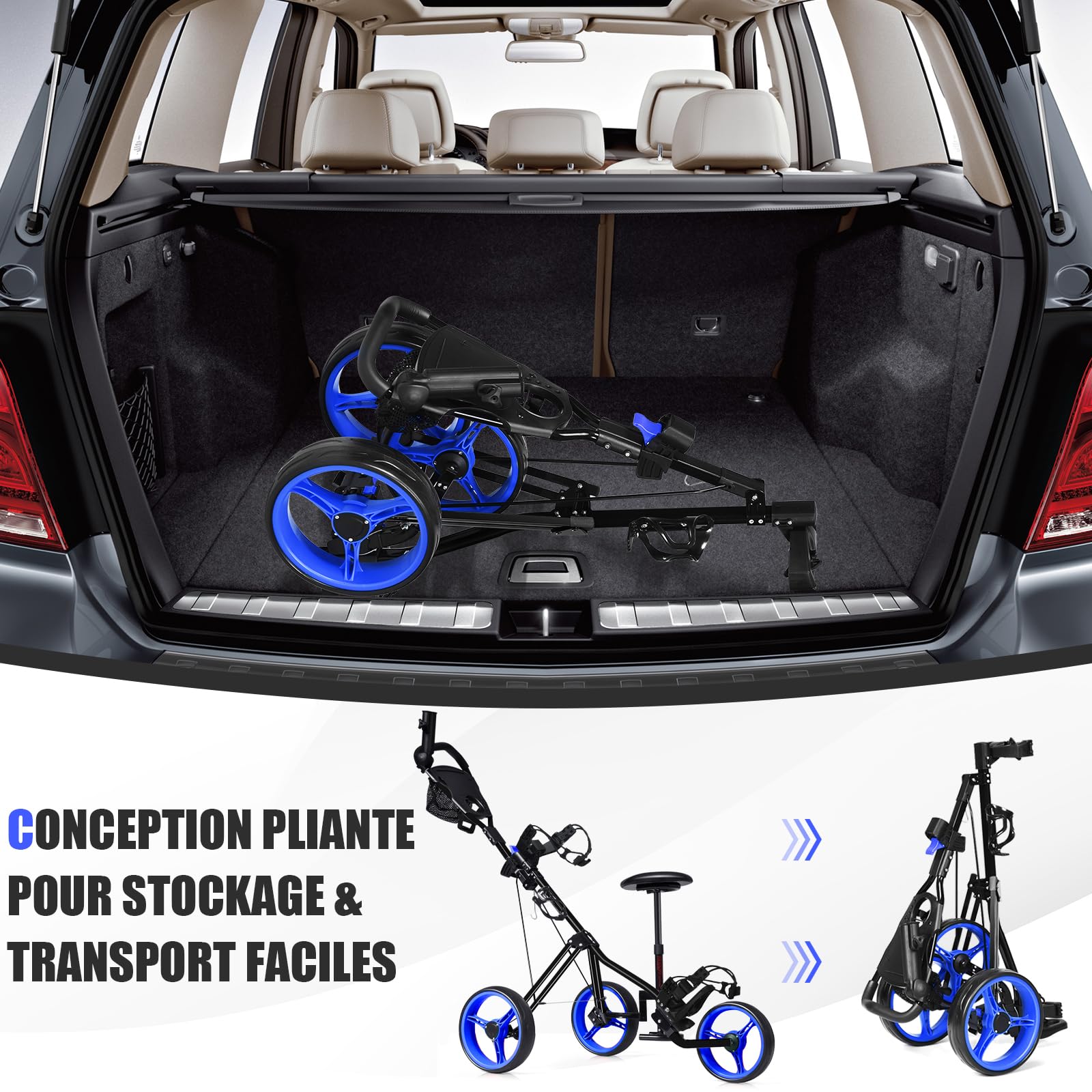 COSTWAY Chariot de Golf avec Siège Poignée Réglable, Voiturettes à Pousser Pliable à 3 Roues avec Tableau de Bord, Porte-Gobelet, Porte-Parasol, Frein au Pied, Roues Amovibles