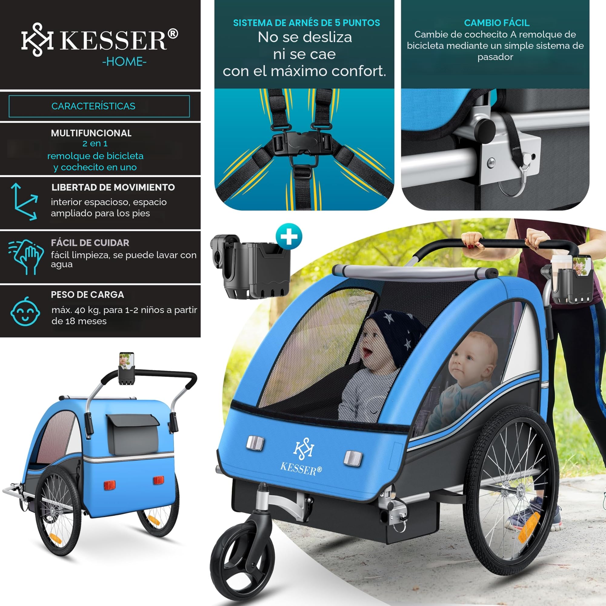 KESSER® Remolque para niños, Remolque para Bicicletas Sport-RX, 2 en 1, función Jogger, Remolque para Bicicletas para niños + cinturón de Seguridad de 5 Puntos, Rueda Delantera 360°