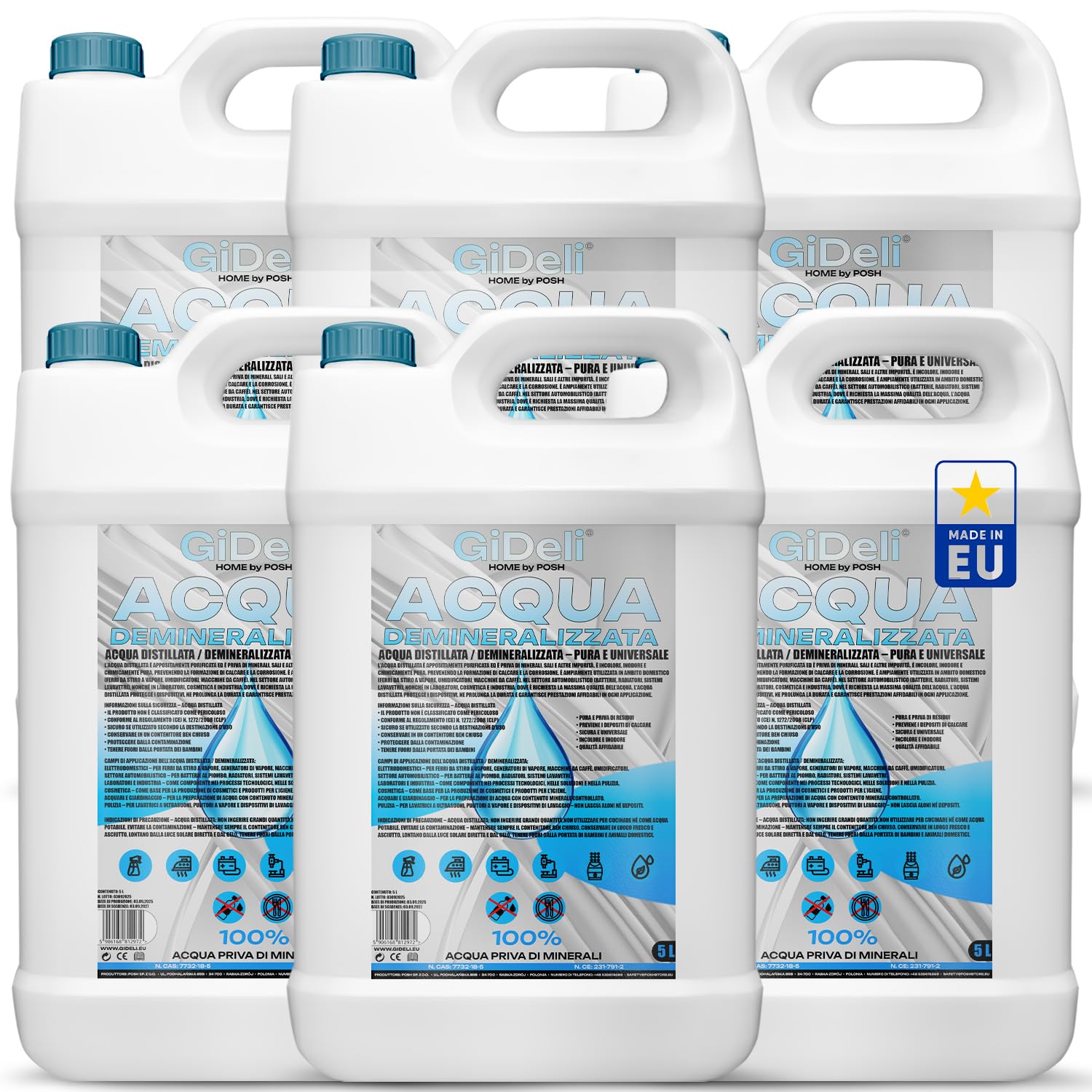 GiDeli Acqua demineralizzata 6x5L Acqua distillata per ferro da stiro, batterie, refrigeratore, umidificatore, acquario e laboratorio acqua senza calcare, inodore, trasparente