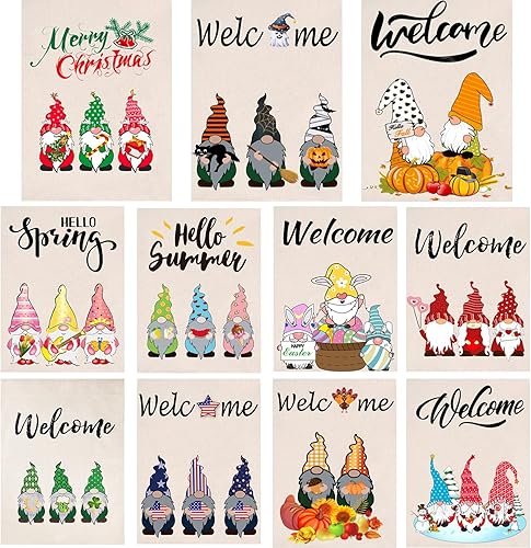 CDLong Juego de 11 banderas de jardín de temporada de gnomos, bandera vertical de doble cara de 12.5 x 18 pulgadas, bandera rústica de bienvenida de