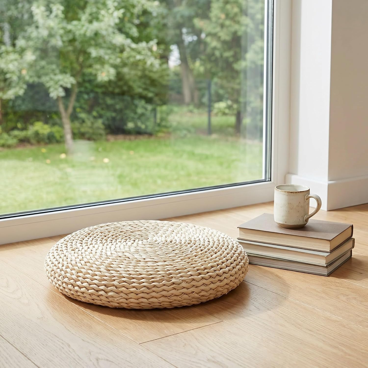 Totority 2pcs Round Tatami Floor Cushion 11.8x2 Inches Natural Woven Straw and Silk Cotton Material Comfortable Thick Floor Seating Pillow for Balcony or Nursery
