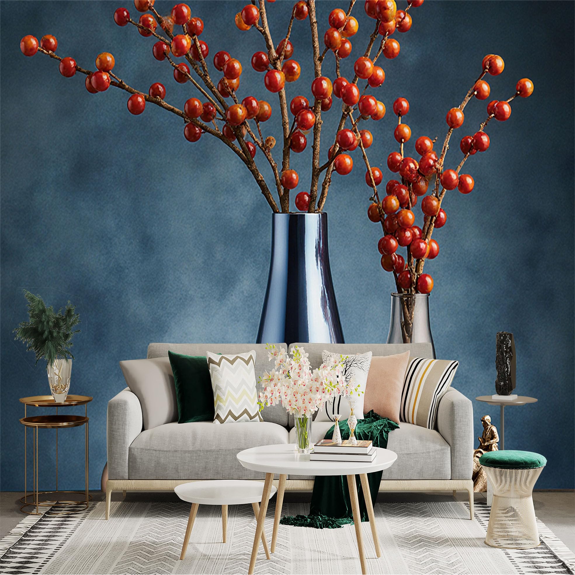 Custom Size Wall Sticker Mural， Decorative Vases with Red Berries， Modern Still Life Art， Elegant Home Decor， for wall Decoration， peelandstick wall Decals.