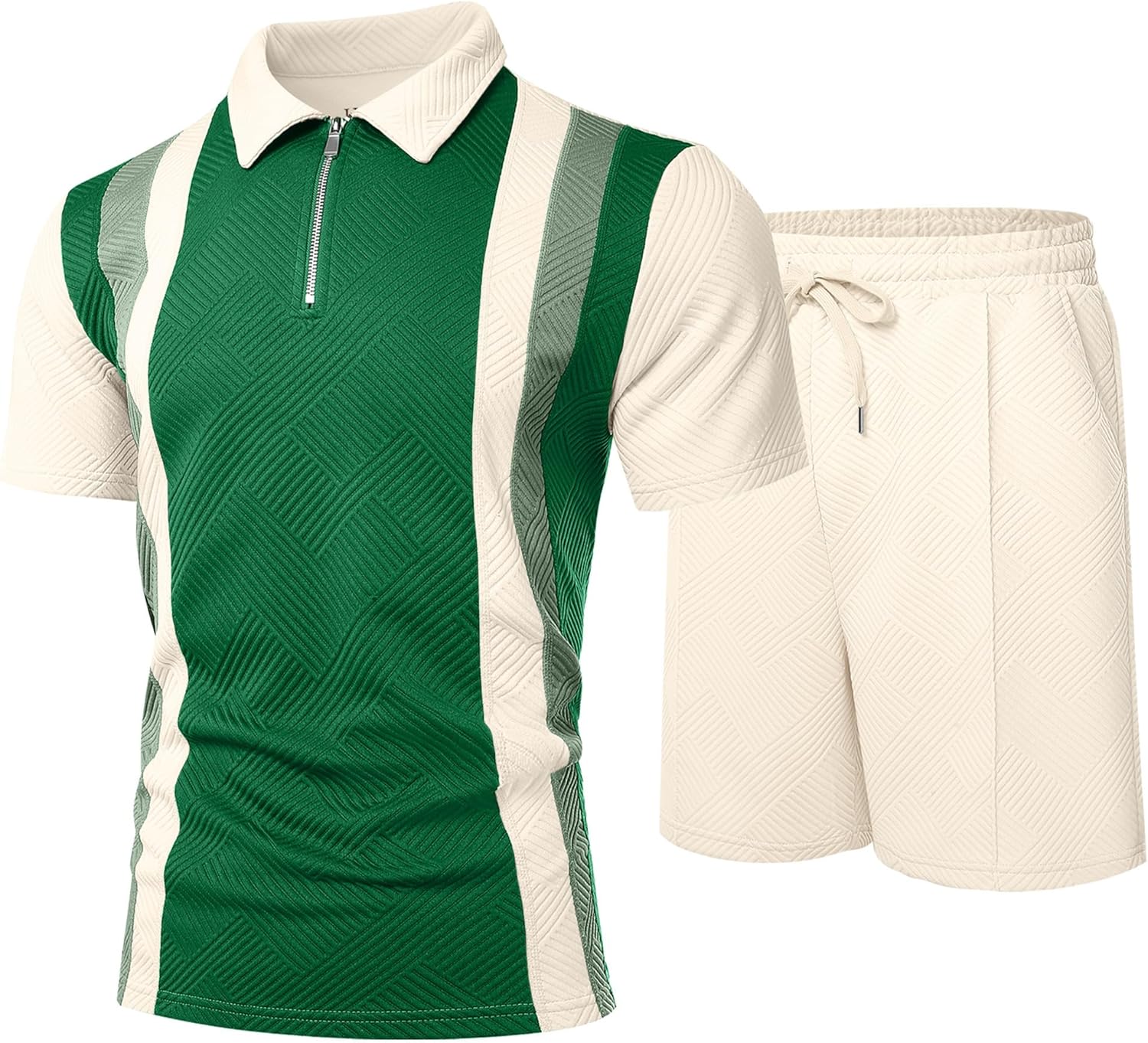 UOUA Mens Summer Track Suits 2 Piece Shorts Sets Short Sleeve Sweatsuit Outfits 1/4 Zip Golf Polo Splicing Striped Shirts