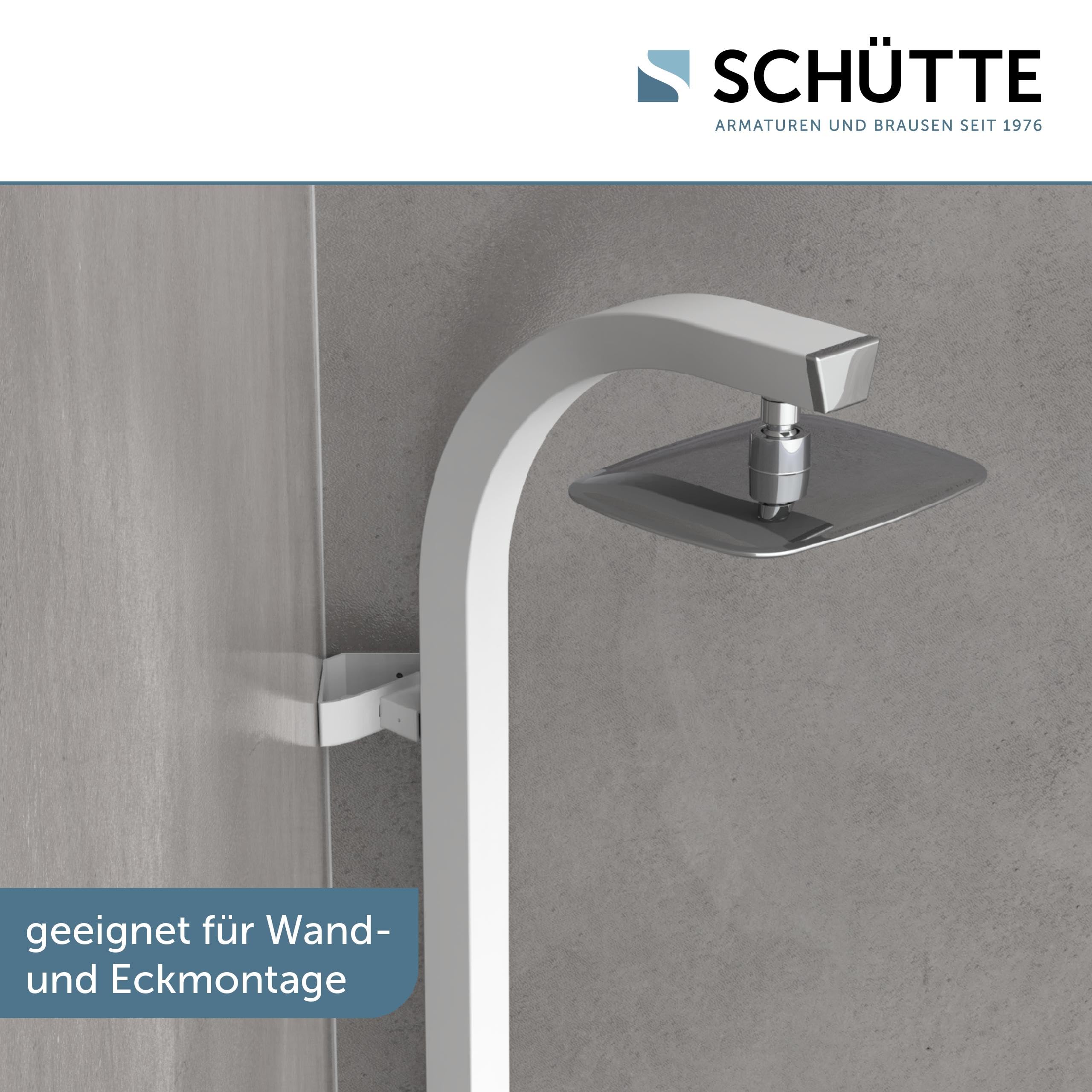 SCHÜTTE MADAGASKAR Regendusche mit Handbrause, Duschsystem in weiß mit praktischer Ablage und Wandhalterung, Duschset für Duscharmaturen, 120 cm
