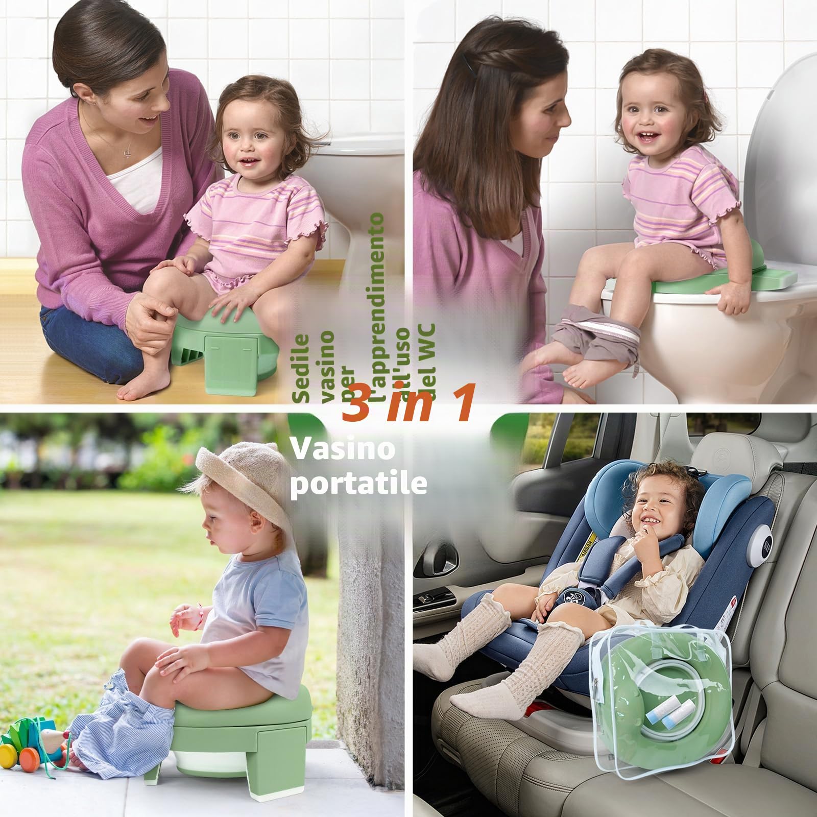 TYRY.HU Vasino Bambini Riduttore WC Bambini Portatile da Viaggio 2 Anni 3 in 1 Pieghevole Interno Esterno Toilette Sedile del Water Addestramento con Borsa da Viaggio Verde