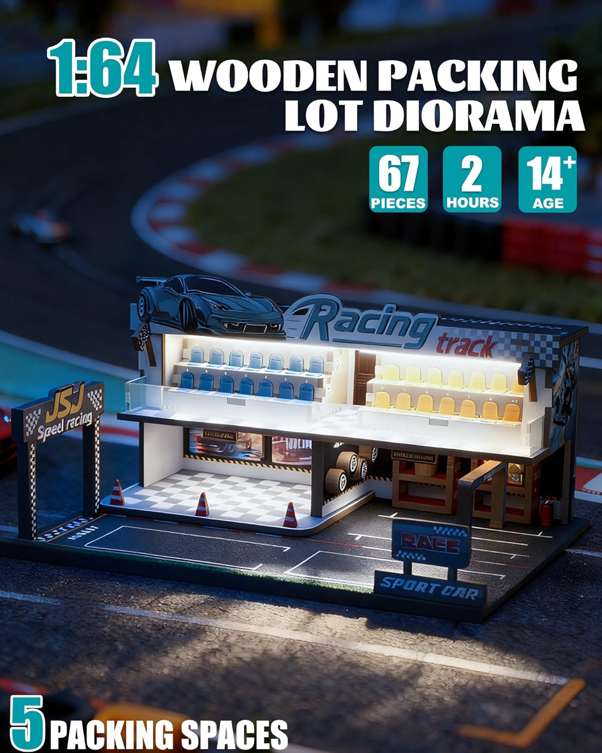 1/64 Scale Diecast Car Diorama, 67pcs Wooden Display Case Garage for Hot Wheels with LED Light, Showcases 5 Model Cars (Racetrack)