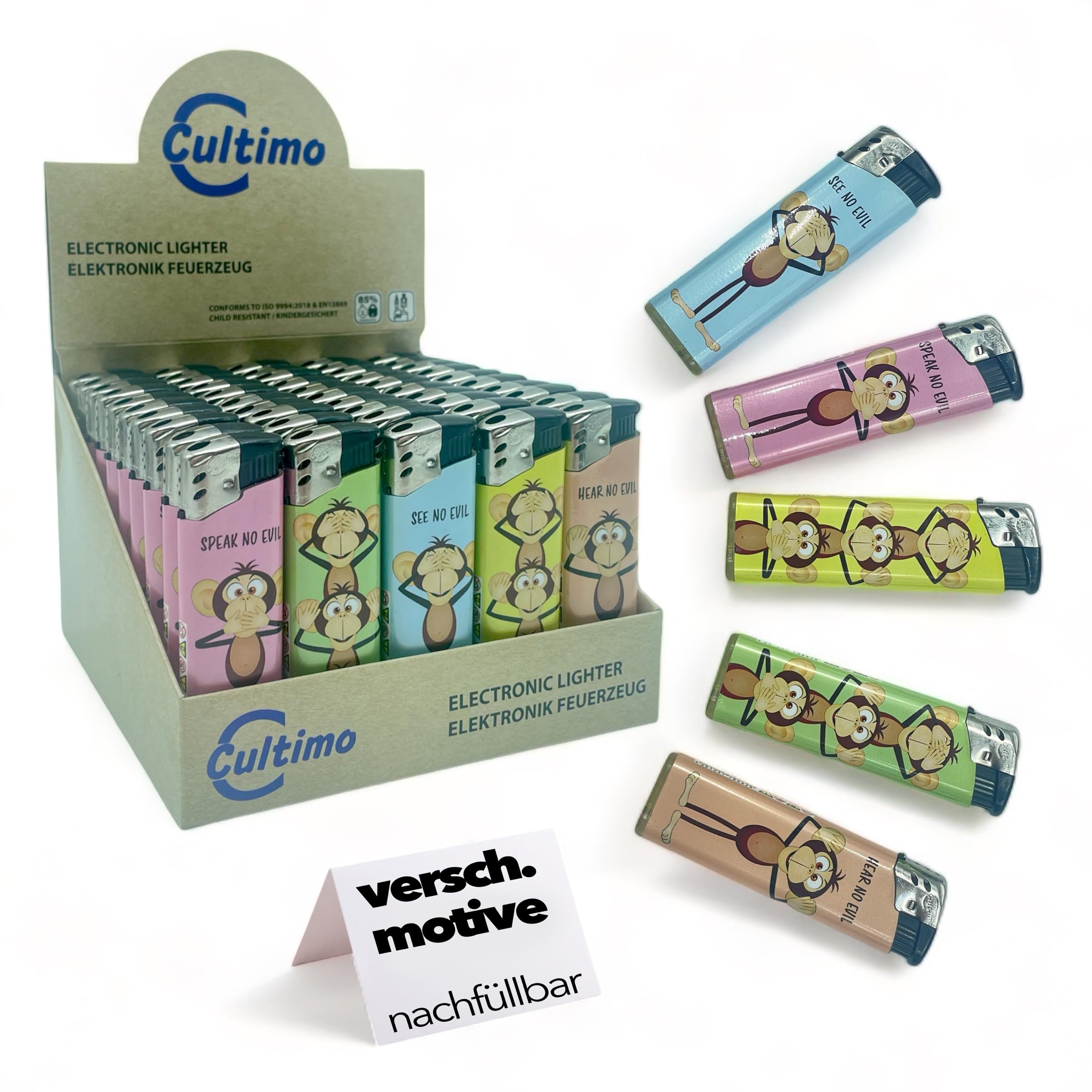 Cultimo Lot de 50 briquets électroniques avec motifs, rechargeables et sécurité enfant - Briquet électronique rempli de gaz (fruits
