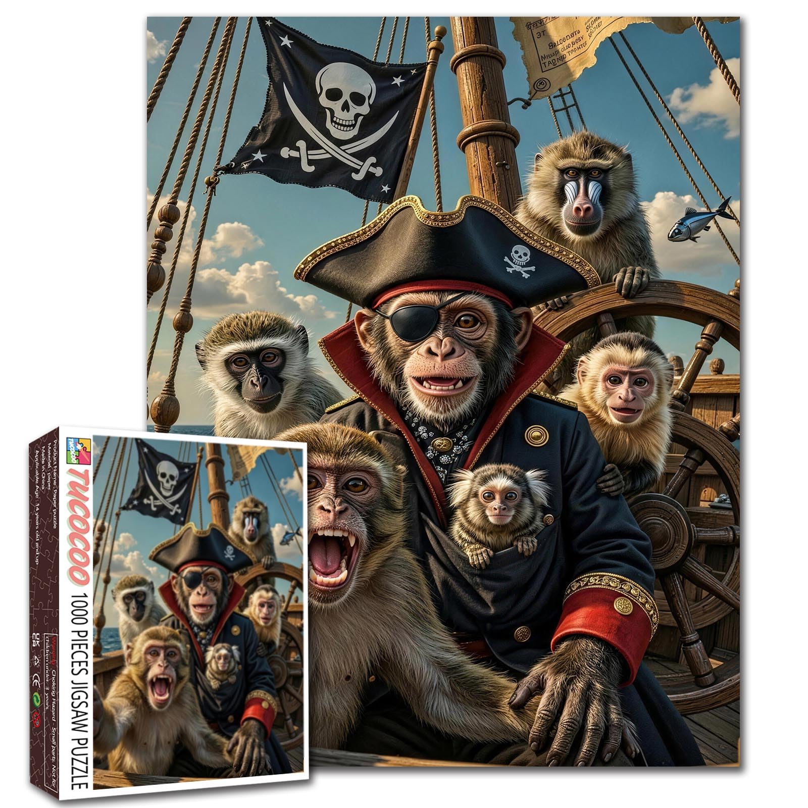 Monkey Pirate Crew Puzzle Animal Pirate Jigsaw Pirate Ship Scene Humorous Art Ocean Adventure 1000 Pieces for Adults Beginner Challenging Family Activity Games DIY Crafts Puzzle for Home Decor Gifts โ image 1