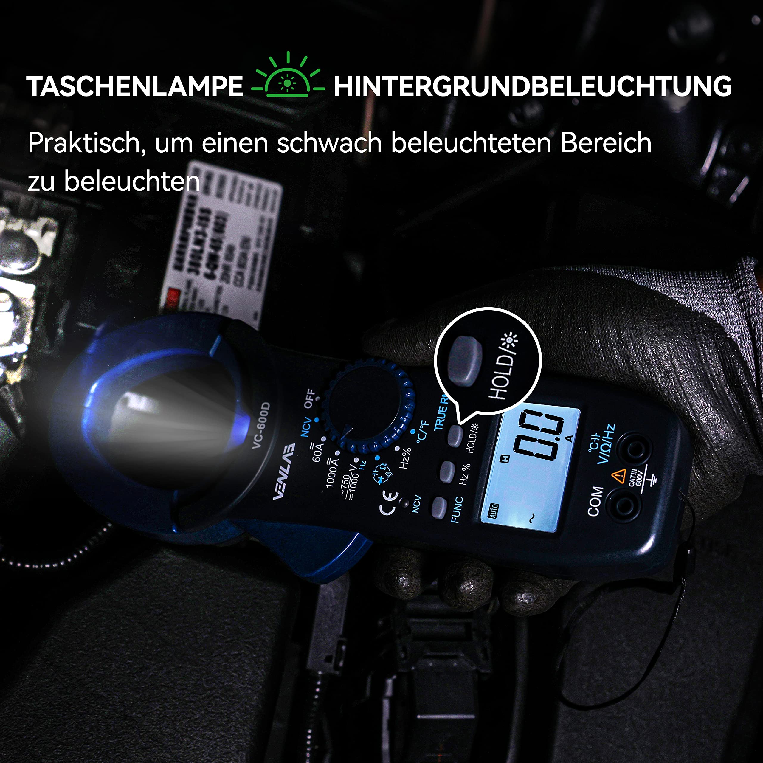 VENLAB Stromzange 1000A True-RMS AC/DC-amperezange, CAT III 600 V Auto-Range 6000 Zähler, Strommesszange für KFZ Haushalt Auto, Misst Spannung Strom Temperatur Widerstand Frequenz (VC-600D)