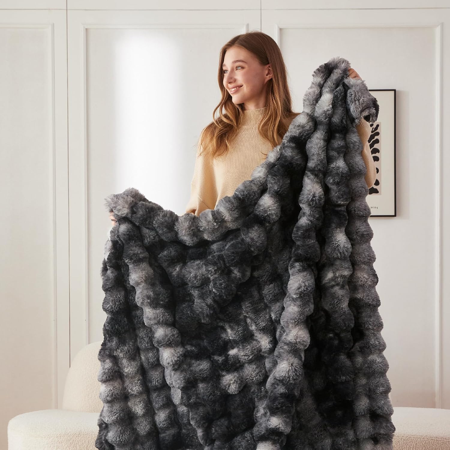 COOVA Faux Fur Throw Blanket for Couch, Cozy Soft and Fuzzy Plush Rabbit Fur Bubble Blanket for Sofa Bedroom Living Room, 50x60 Inches Tie Dye Black - Image 3