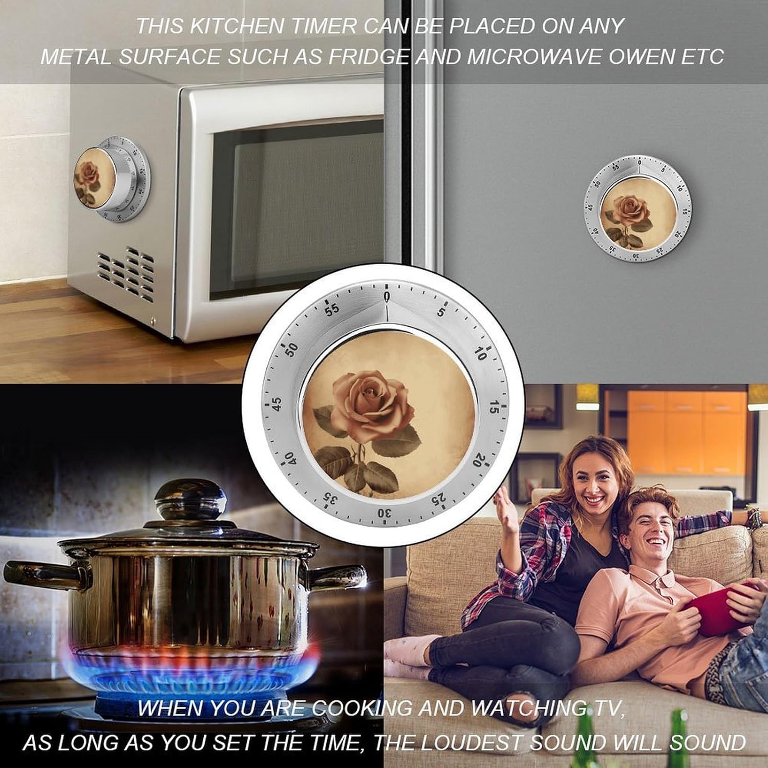ビンテージローズキッチンタイマー 料理用 60分巻き上げタイマー マグネットバック 視覚機械タイマー 大音量のアラーム付き 手動カウ