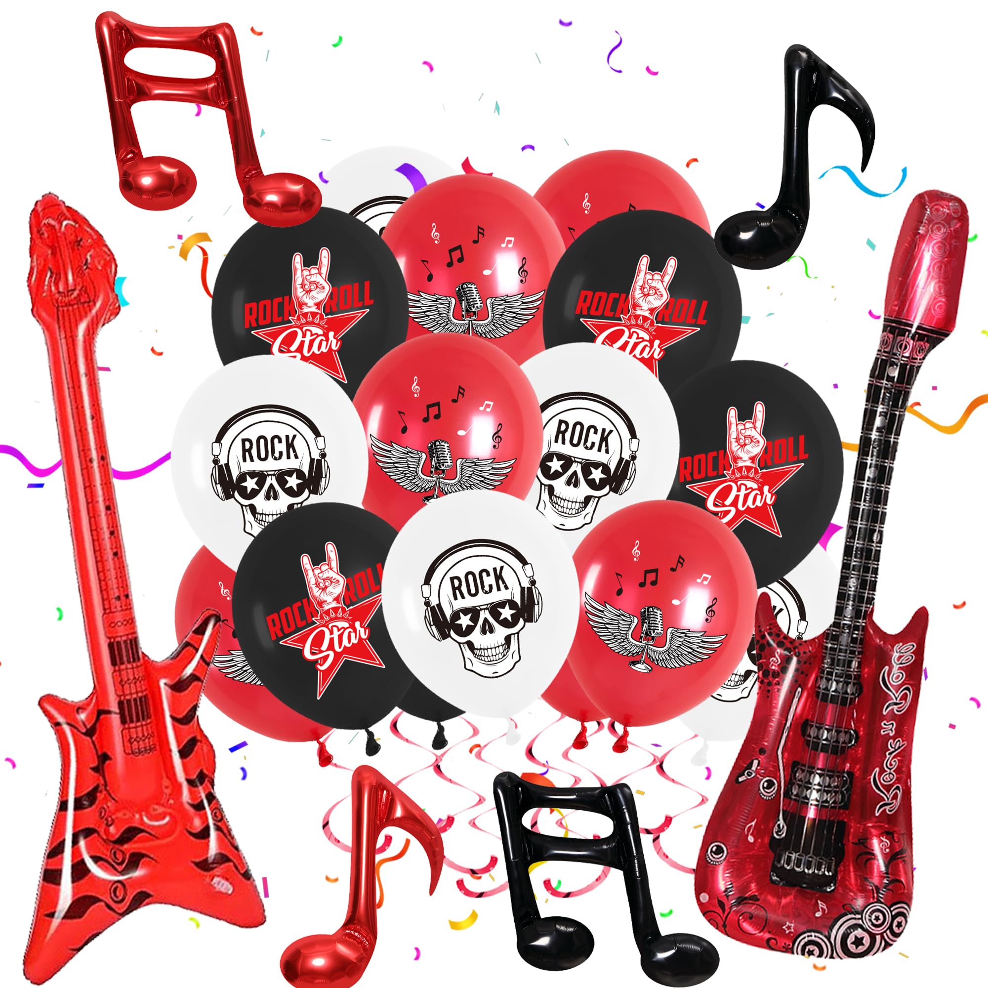 Rock and Roll Party Decorations - 42 Pieces Music Theme Latex Balloons, Guitar Foil Balloons, Born To Rock Decor, 60s 70s 80s Party Supplies in Red, Black, White