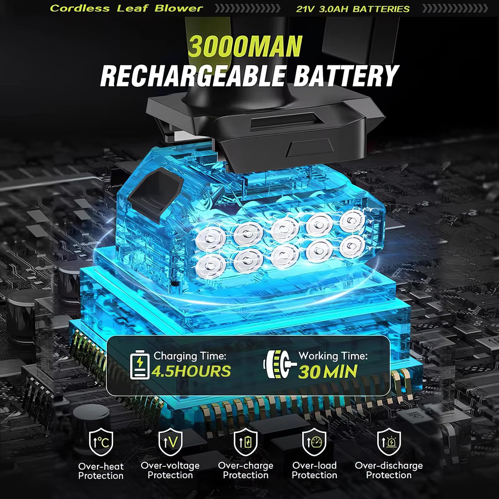 Soplador de hojas inalámbrico, soplador eléctrico sin escobillas de 21 V con batería de 3000 mAh y cargador, potencia de 63 m/s para soplar hojas, polvo, nieve y escombros
