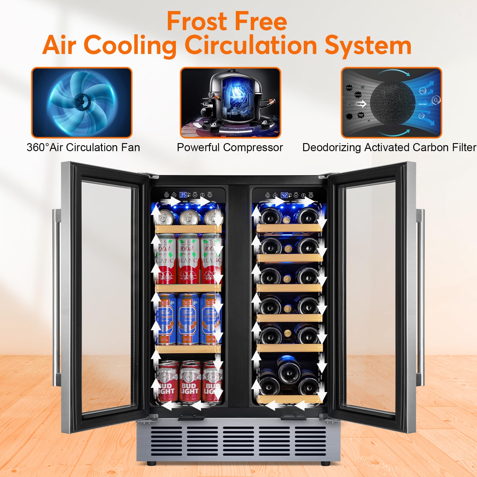 turephe Wine and Beverage Refrigerator with Glass Door, 24-Inch Dual Zone Wine Fridge Under Counter, 18 Bottle and 65 Can Large Capacity Led Blue Light Smart Fast Cooling Wine Cooler on Fridge.com